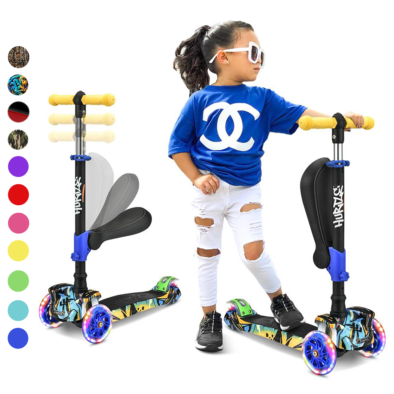 Ein kleines Mädchen in zerrissenen weißen Hosen und blauem T-Shirt steht auf einem Roller.
