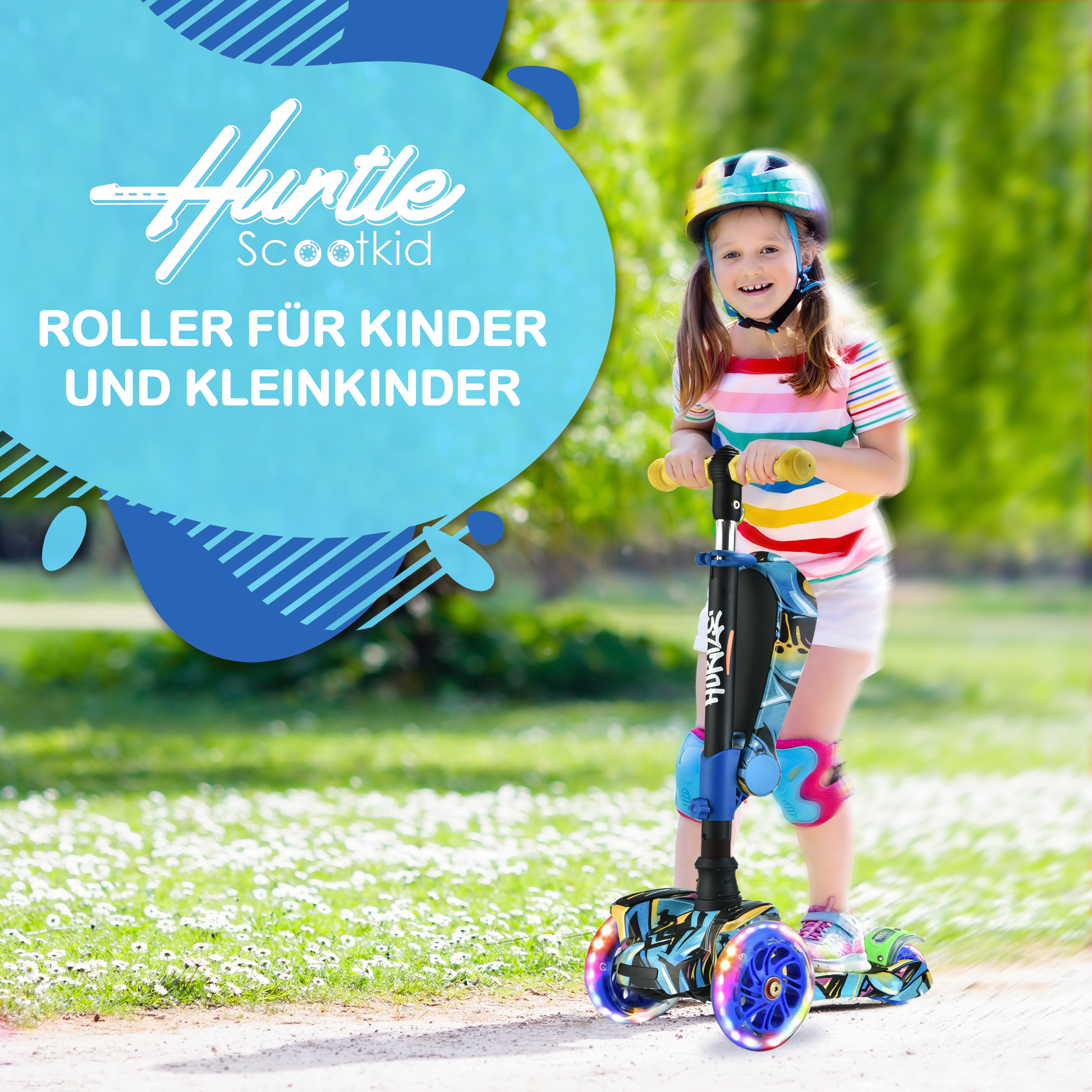 Ein Mädchen mit Helm fährt einen Roller mit leuchtenden Rädern im Freien.