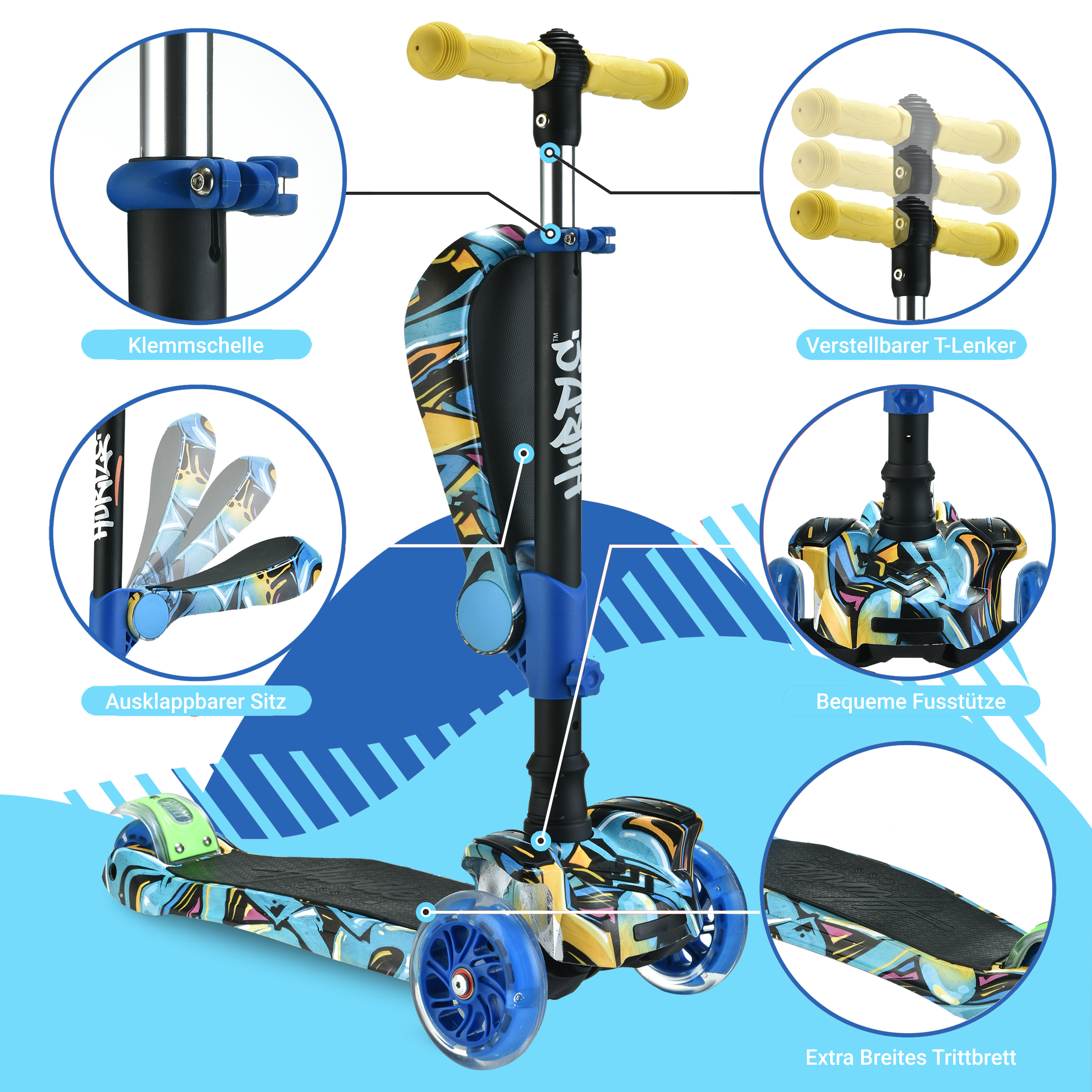 Ein dreirädriger Roller mit buntem Graffiti-Design, verstellbarem Lenker und Sitz.