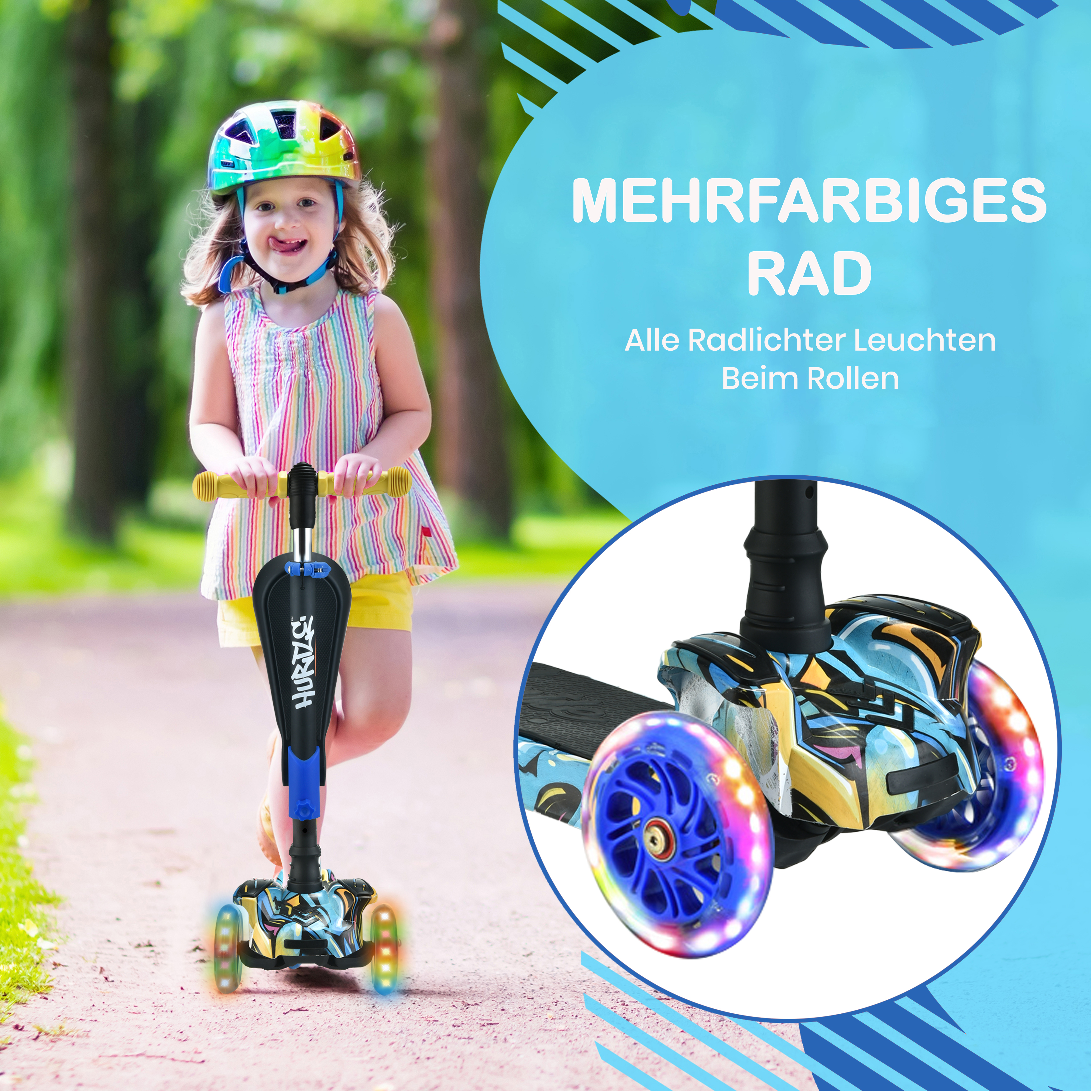 Ein Mädchen fährt einen bunten Roller mit leuchtenden Rädern im Freien.