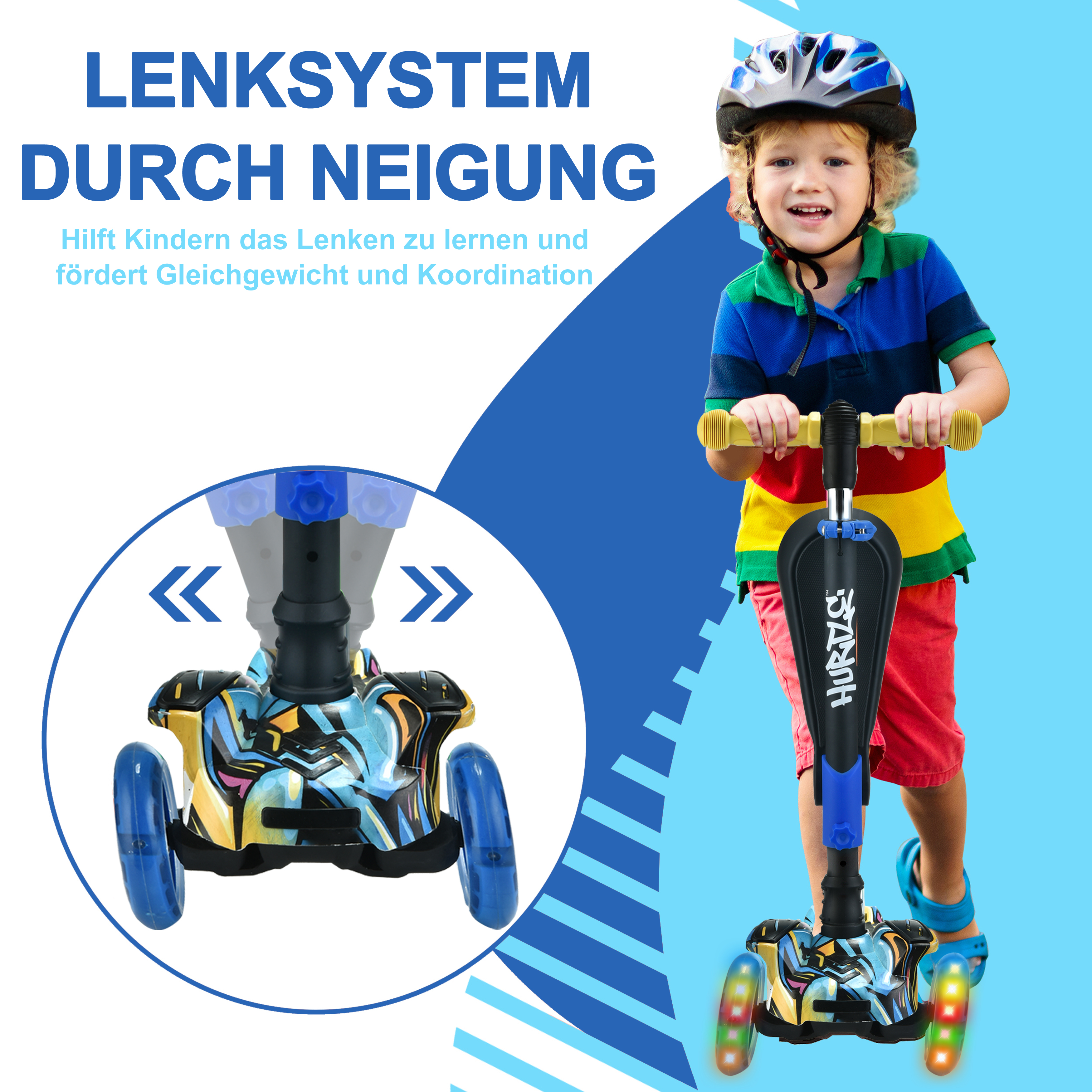 Ein Junge mit Helm fährt einen bunten Roller mit leuchtenden Rädern.