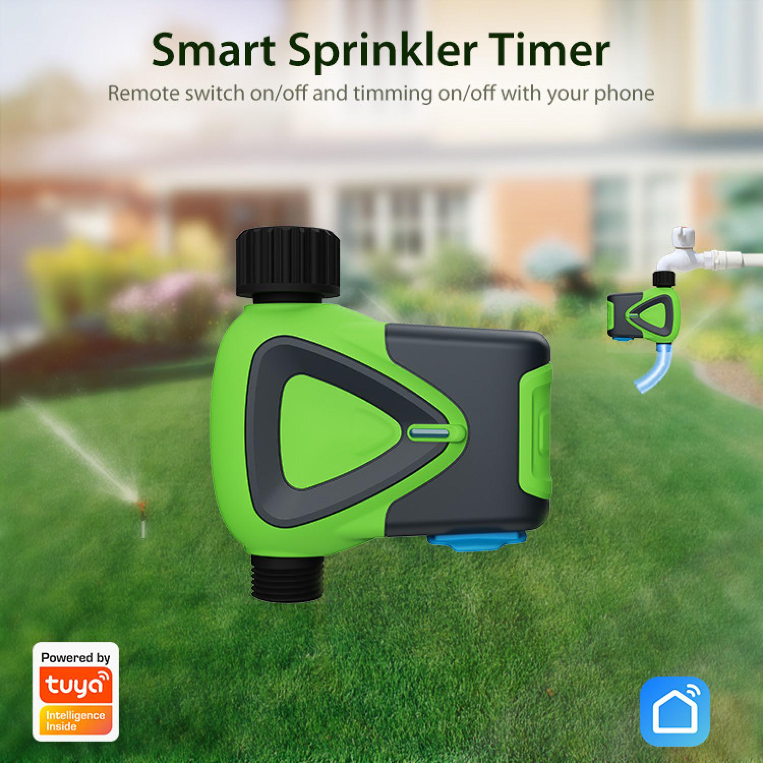 Ein grüner und grauer Sprinkler-Timer auf einem Rasen mit einem Haus im Hintergrund.