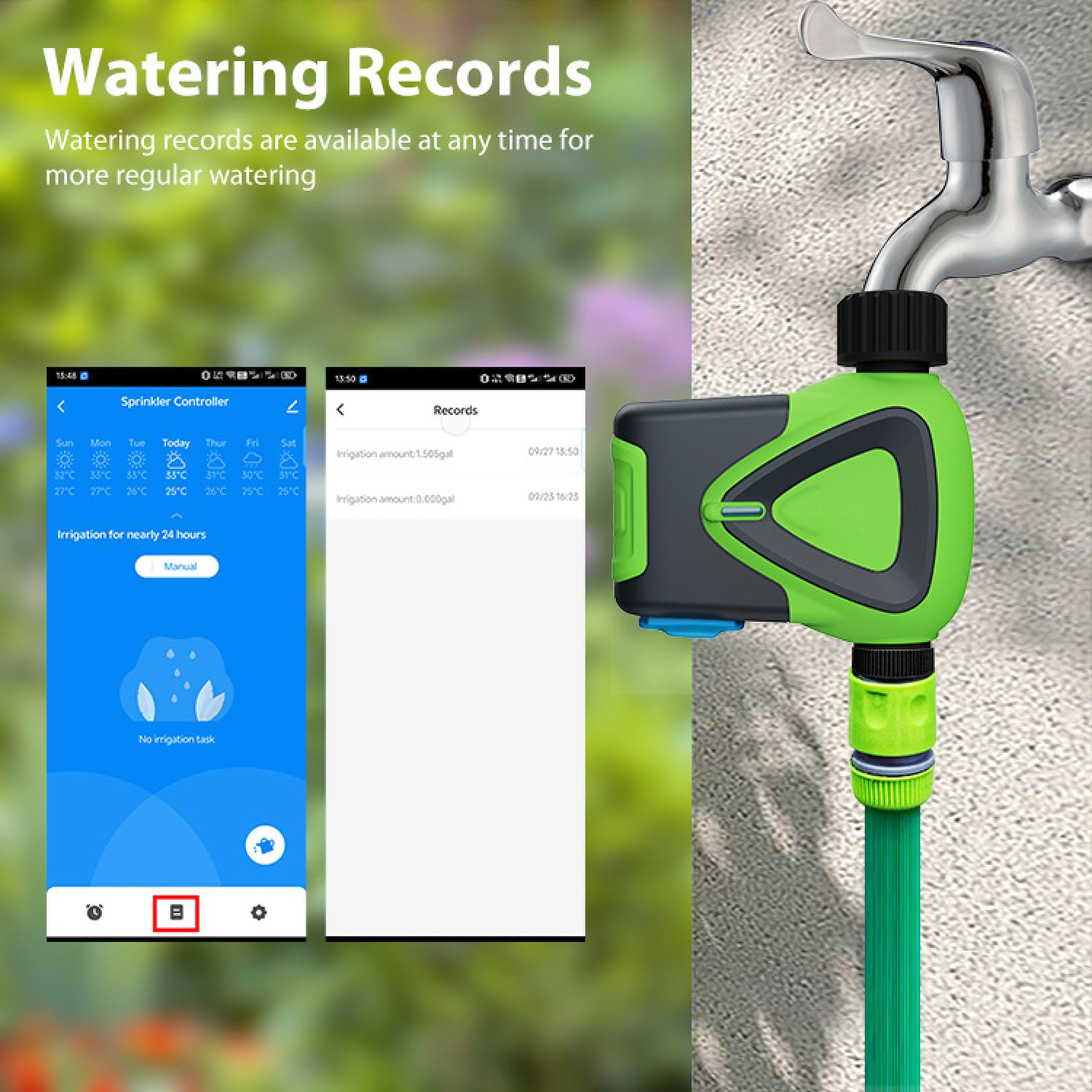Ein grüner und grauer Bewässerungscontroller ist an einem Wasserhahn angeschlossen.