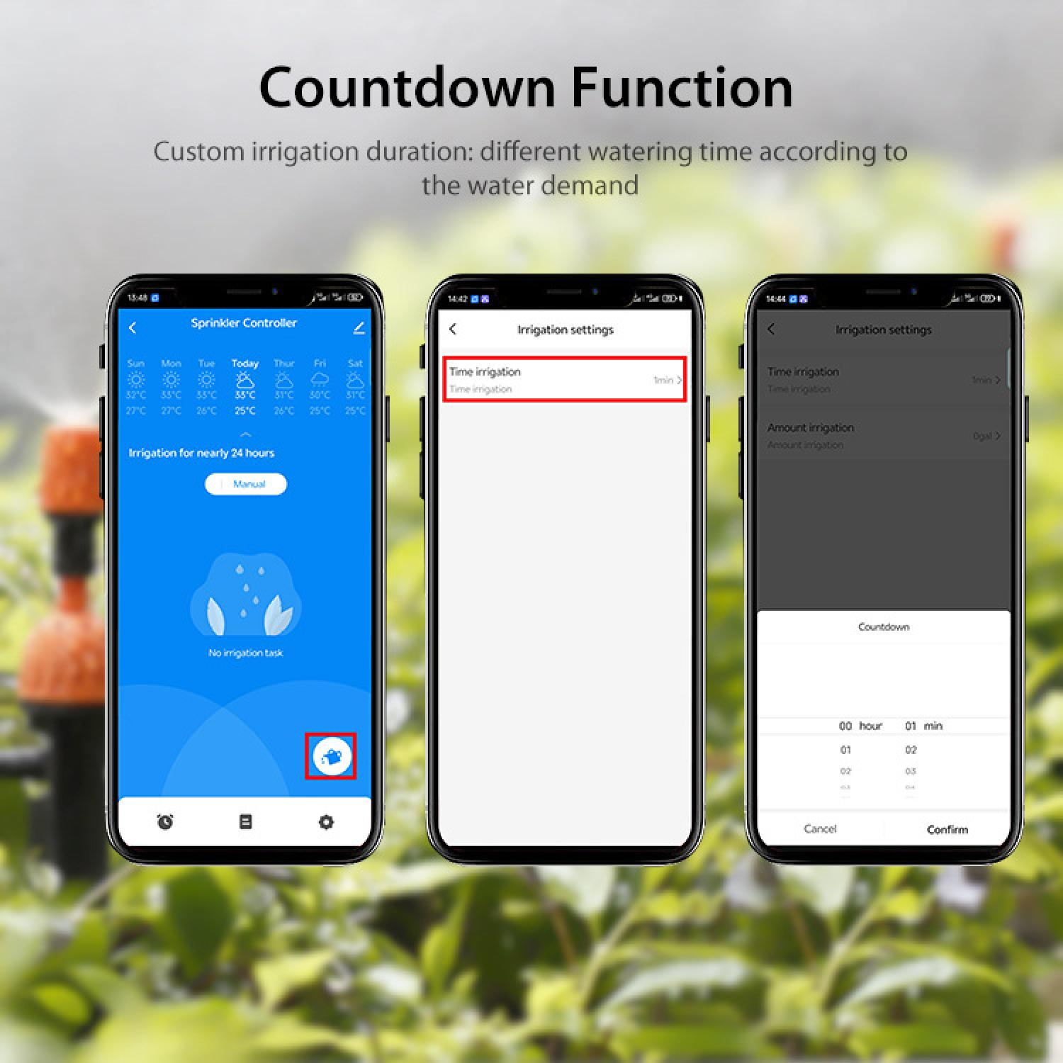 Drei Smartphone-Bildschirme zeigen eine Bewässerungs-App mit Countdown-Funktion.