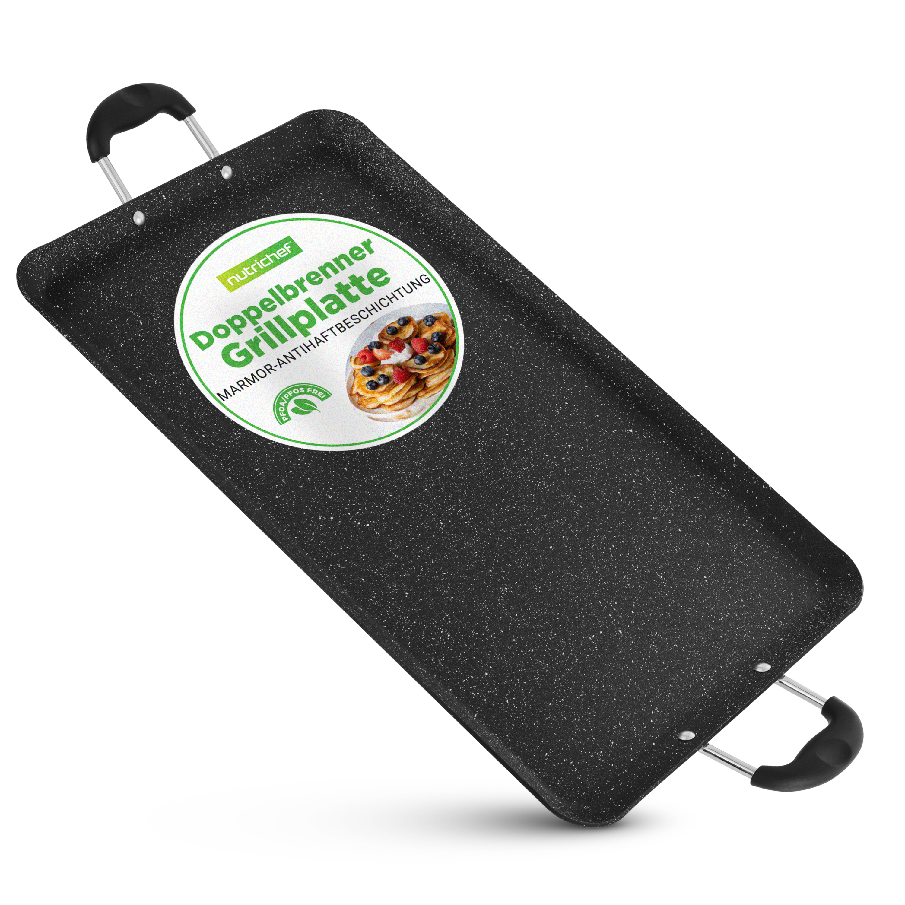 Schwarze Grillplatte mit Marmorierung und zwei schwarzen Griffen. Aufkleber zeigt Pfannkuchen.