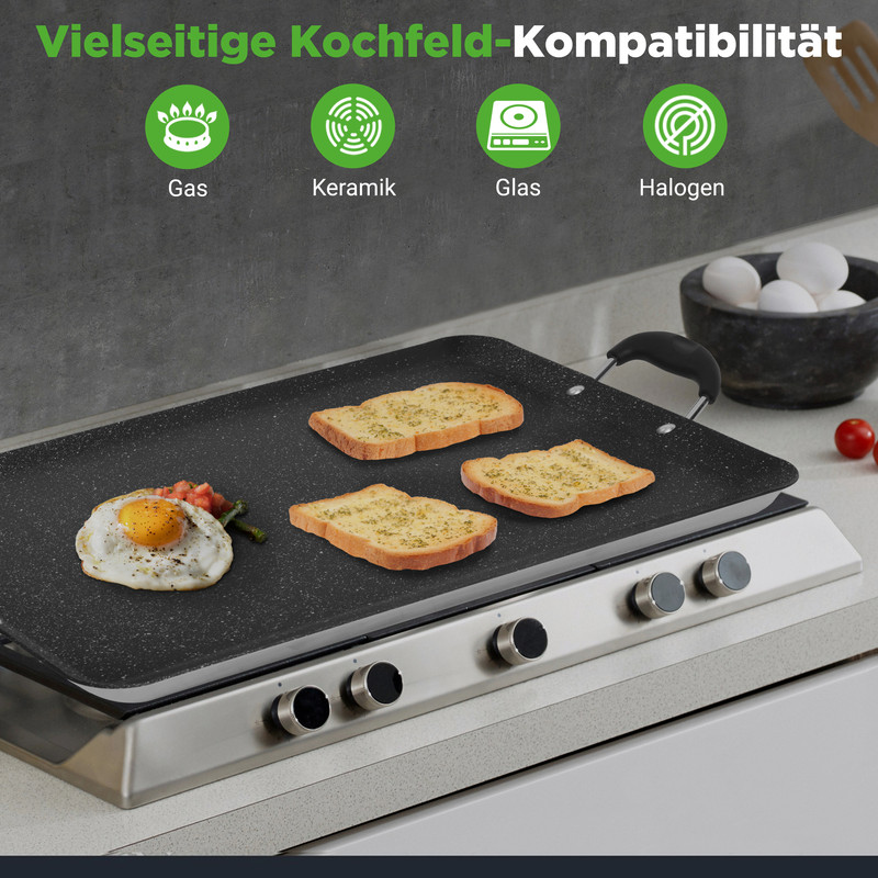 Grillplatte mit Ei und Toast, kompatibel mit Gas-, Keramik-, Glas- und Halogenkochfeldern.