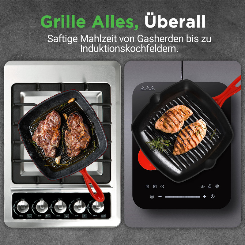 Fleisch und Hähnchenbrust werden auf Gas- und Induktionskochfeldern gegrillt.