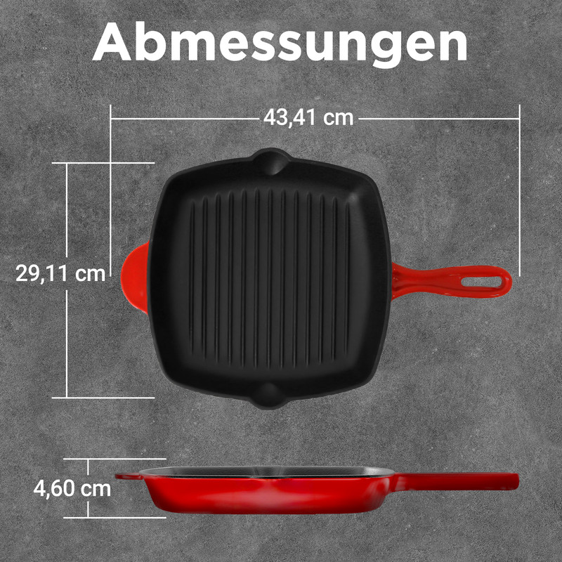 Eine schwarze Grillpfanne mit rotem Griff, Maße werden angezeigt.