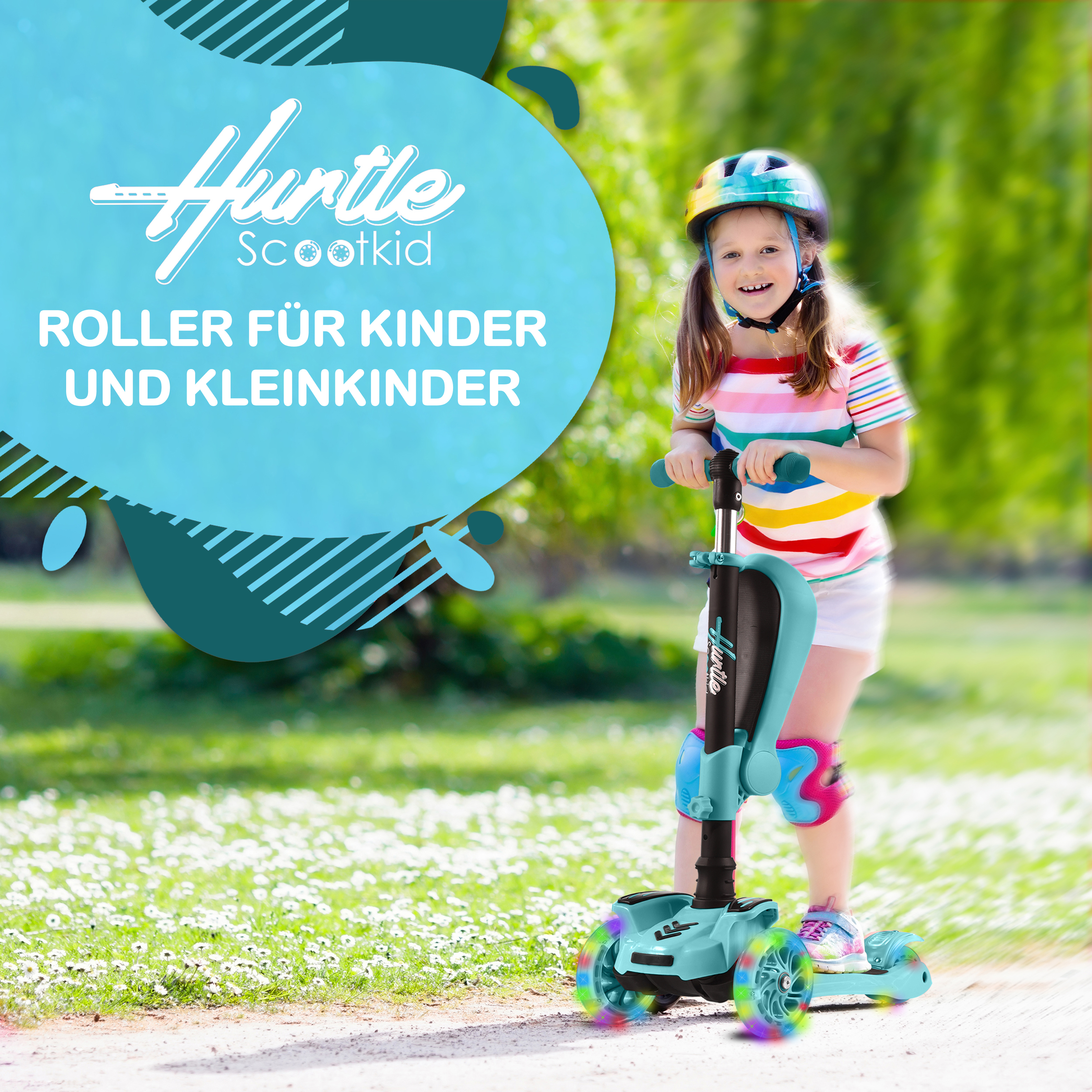 Ein Mädchen mit Helm fährt einen mintgrünen Roller mit bunten Lichtern im Gras.