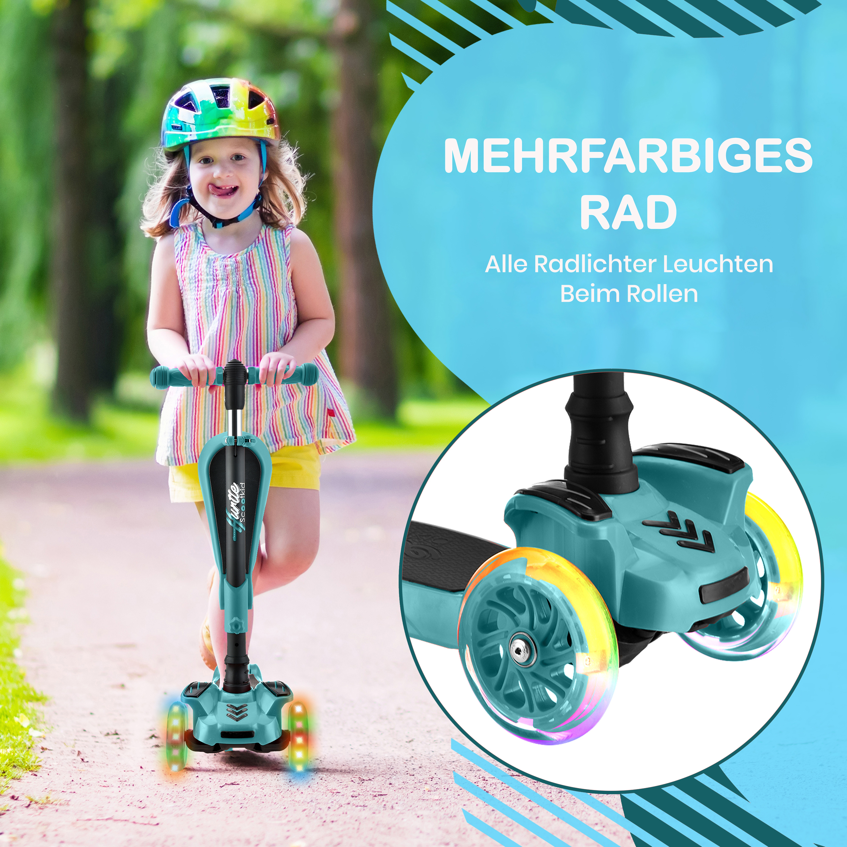 Ein Mädchen mit buntem Helm fährt einen mintfarbenen Roller mit leuchtenden Rädern.