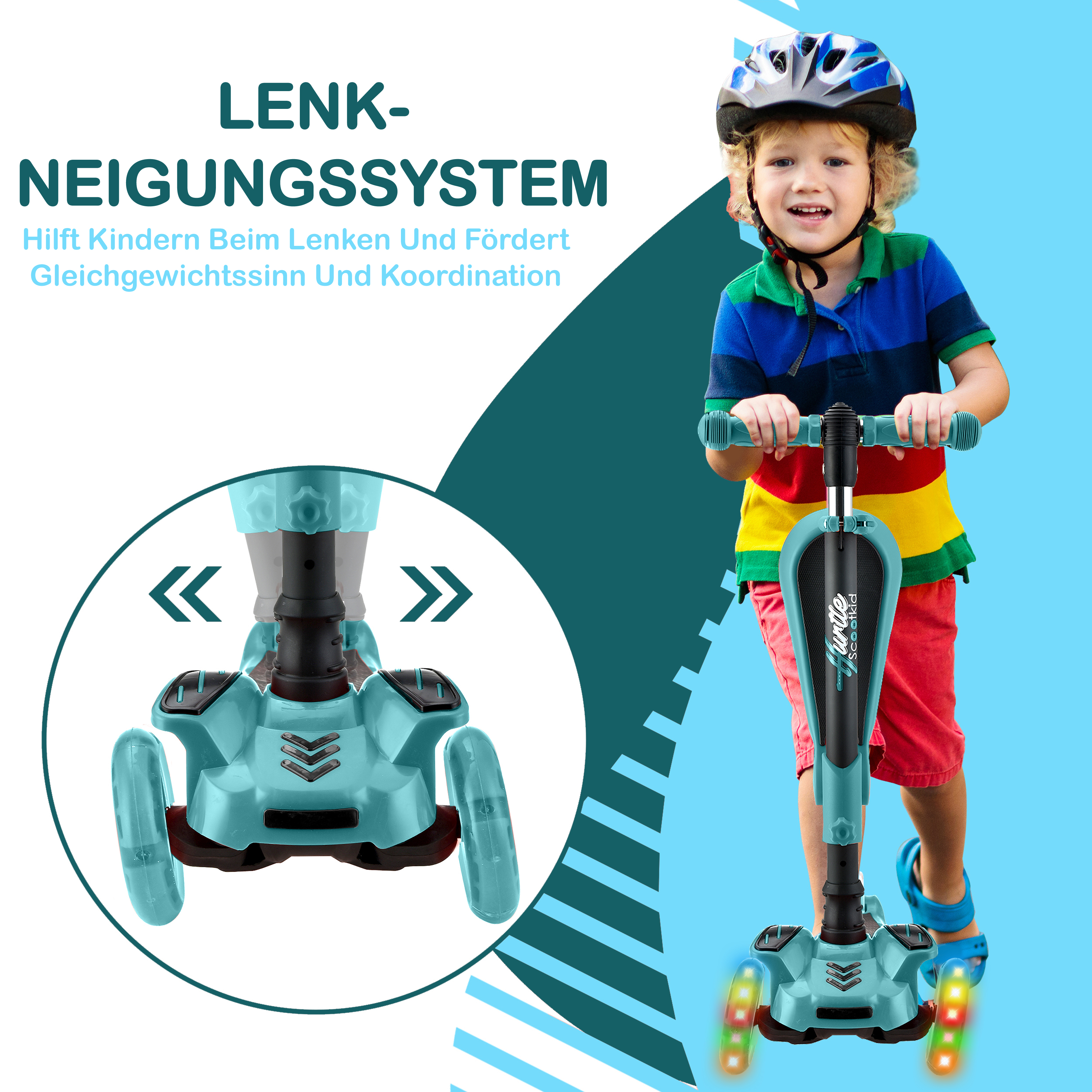 Ein Junge mit Helm fährt einen mintgrünen Roller mit leuchtenden Rädern.