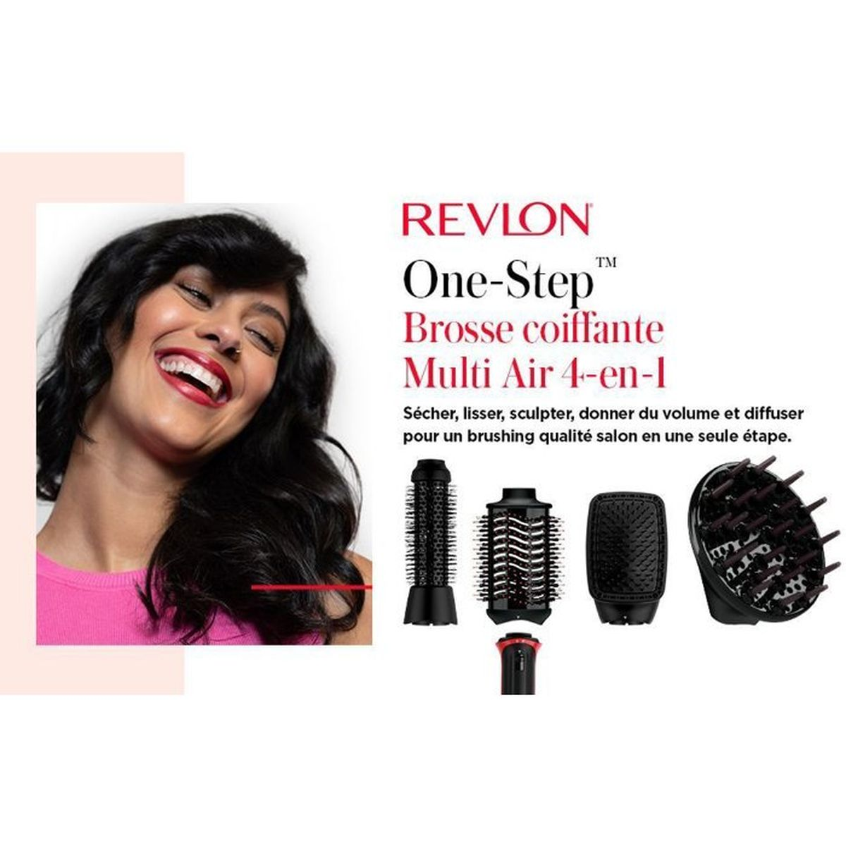 Frau mit schwarzen Haaren lächelt, REVLON One-Step Multi Air 4-in-1 Haarbürste mit Zubehör.