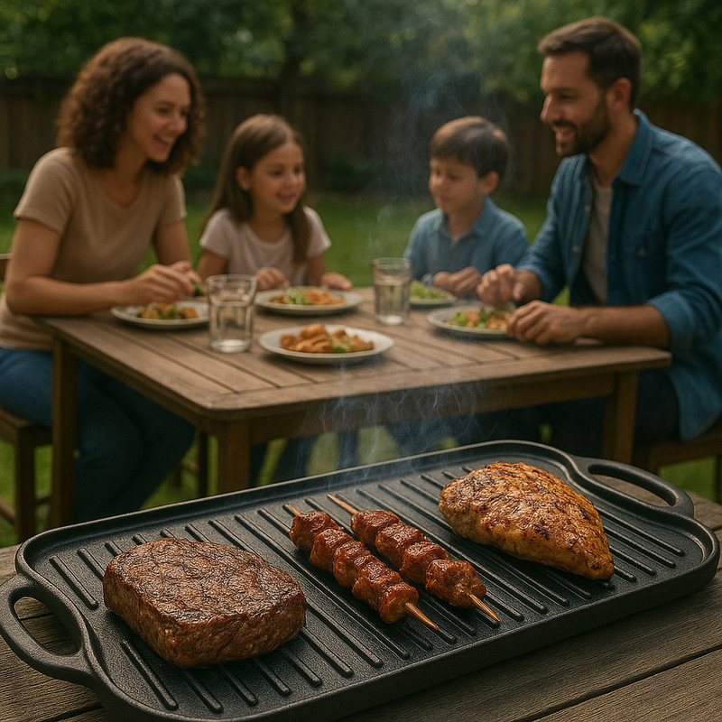 Familie isst im Freien, Steaks und Hähnchen auf Grillplatte im Vordergrund.
