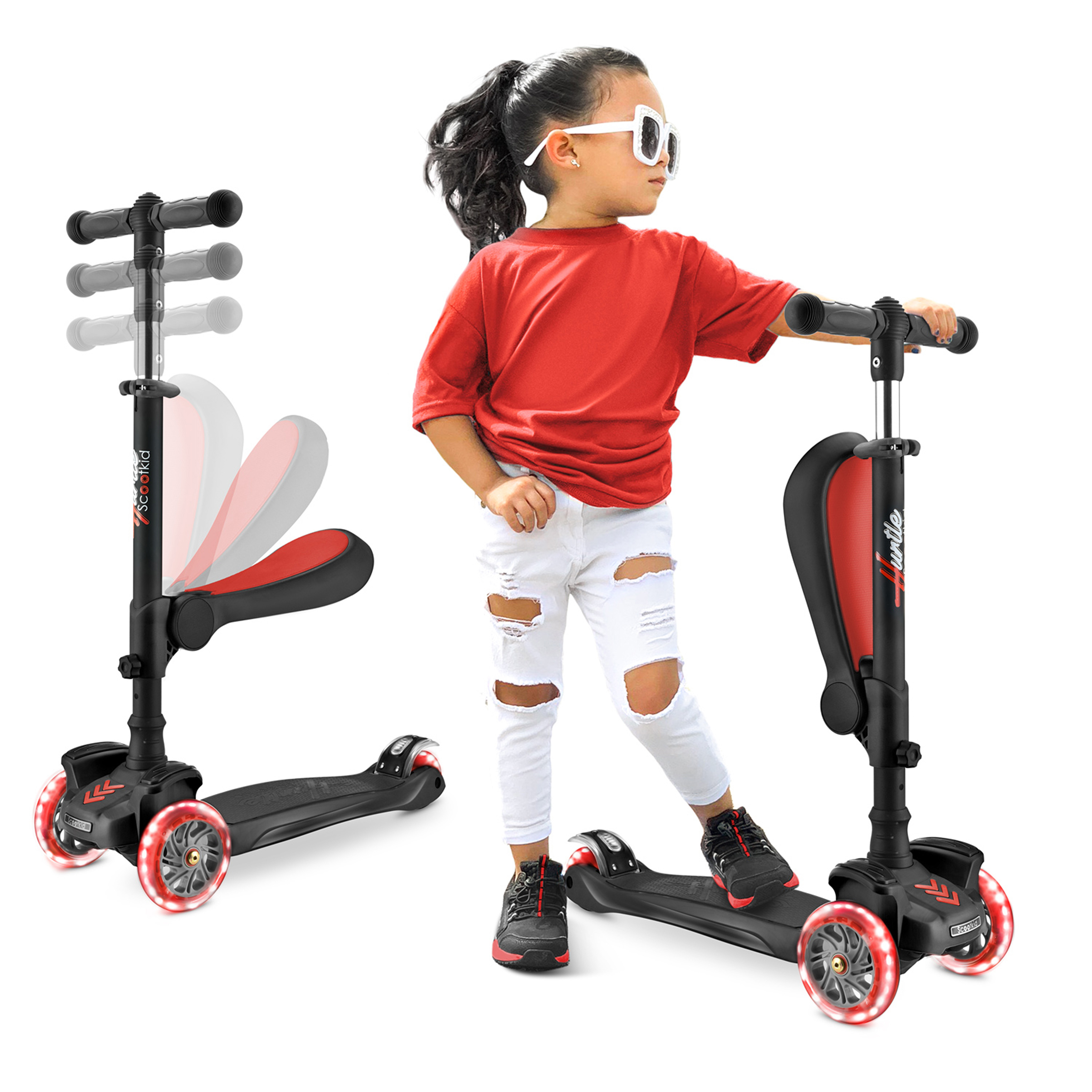 Kind in rotem Shirt und zerrissener Hose auf einem schwarzen Roller mit leuchtenden Rädern.