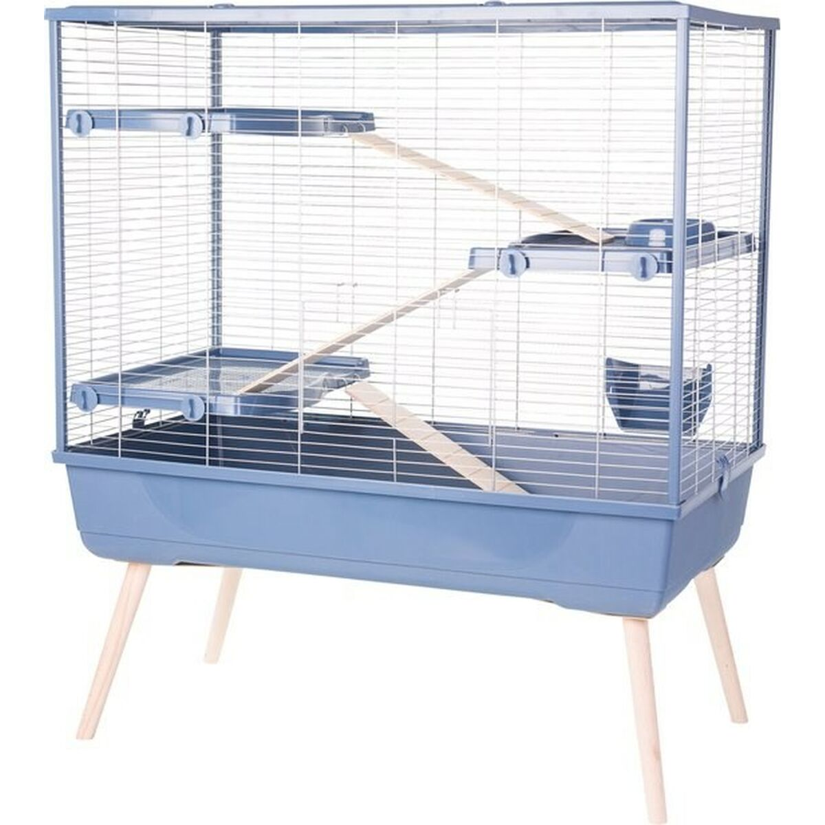 Ein mehrstöckiger Käfig für Kleintiere mit blauer Wanne und Holzbeinen.