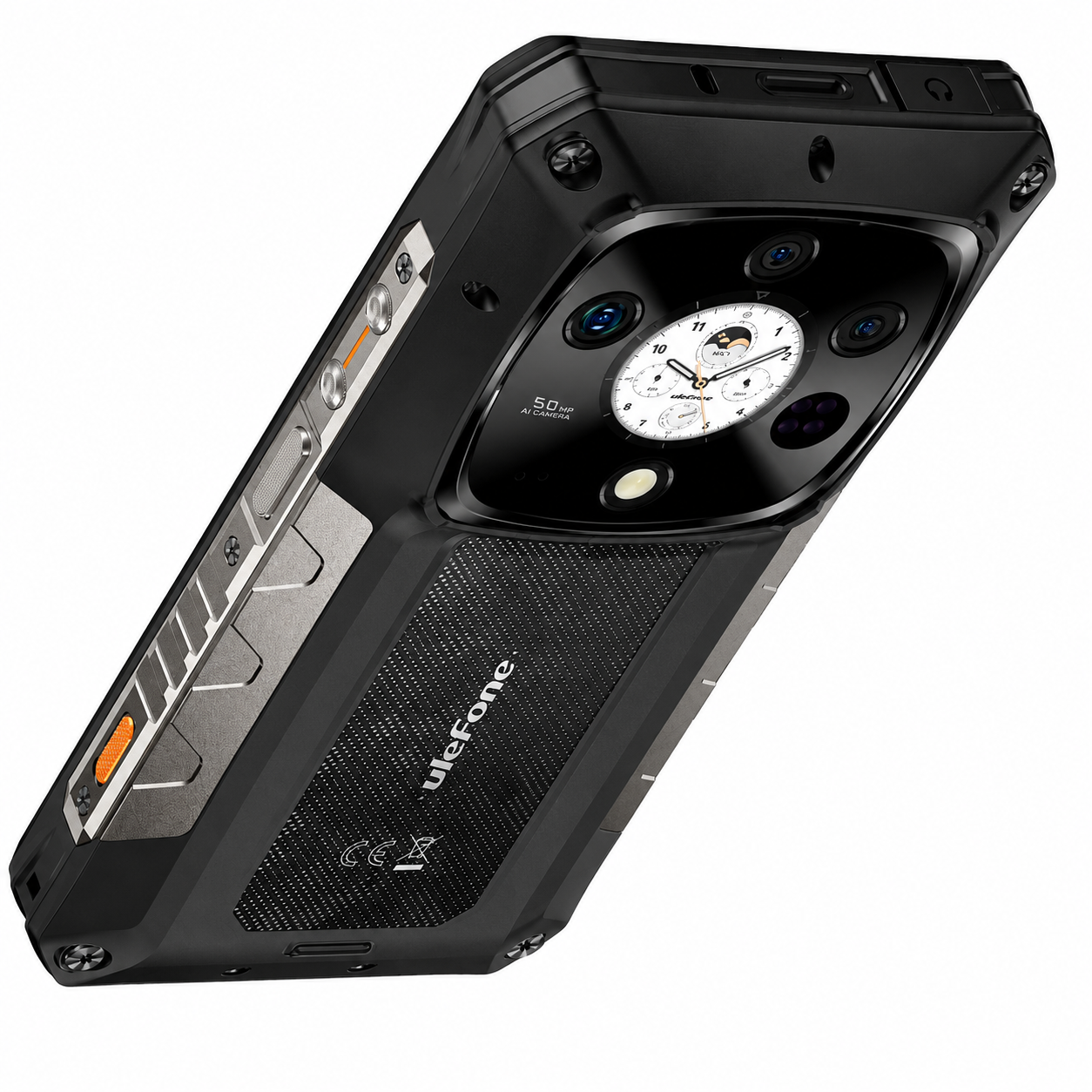 Smartphone robusto nero con fotocamere multiple e display rotondo sul retro.
