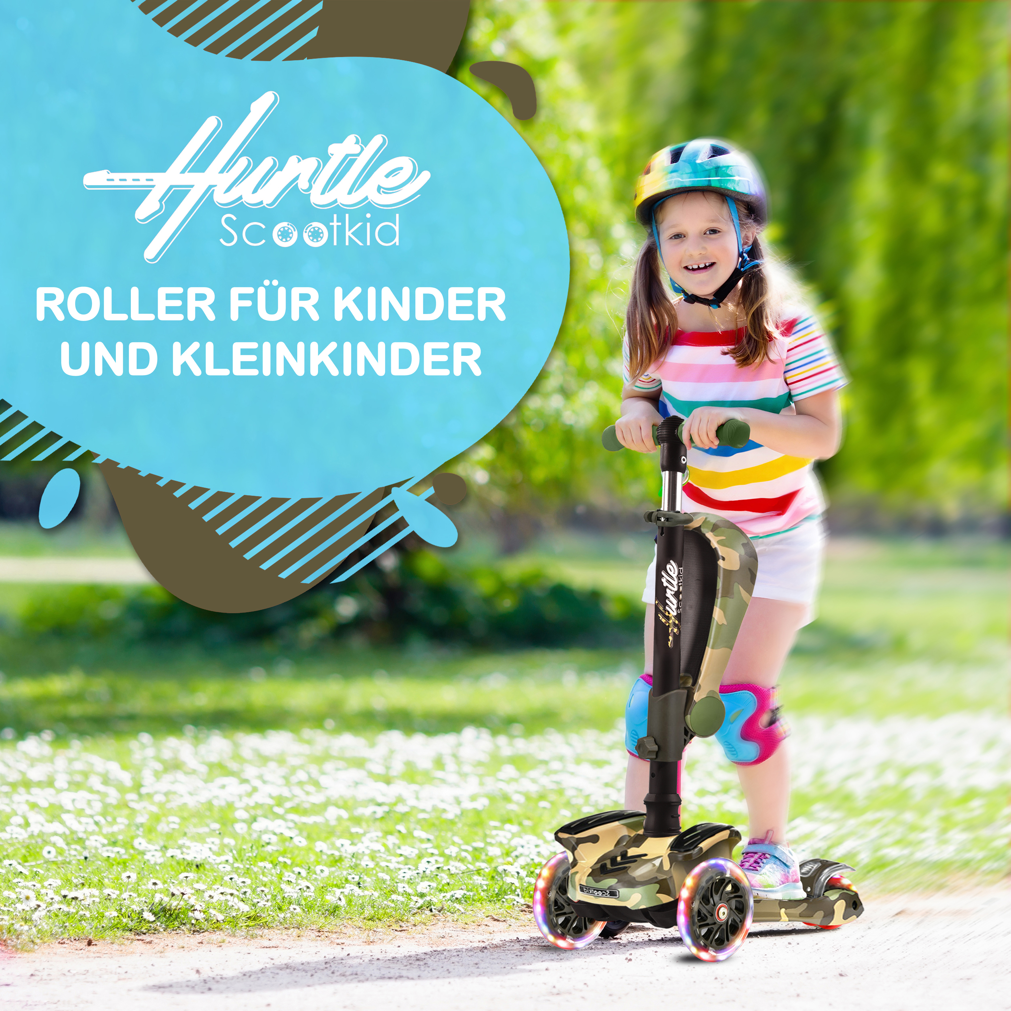 Ein Mädchen mit Helm fährt einen Roller mit camouflage-Muster und leuchtenden Rädern.