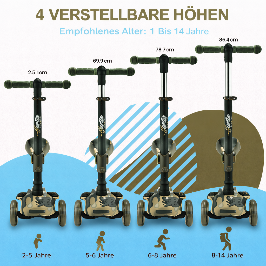 Vier Roller in Tarnfarben für verschiedene Altersgruppen und Höhen.