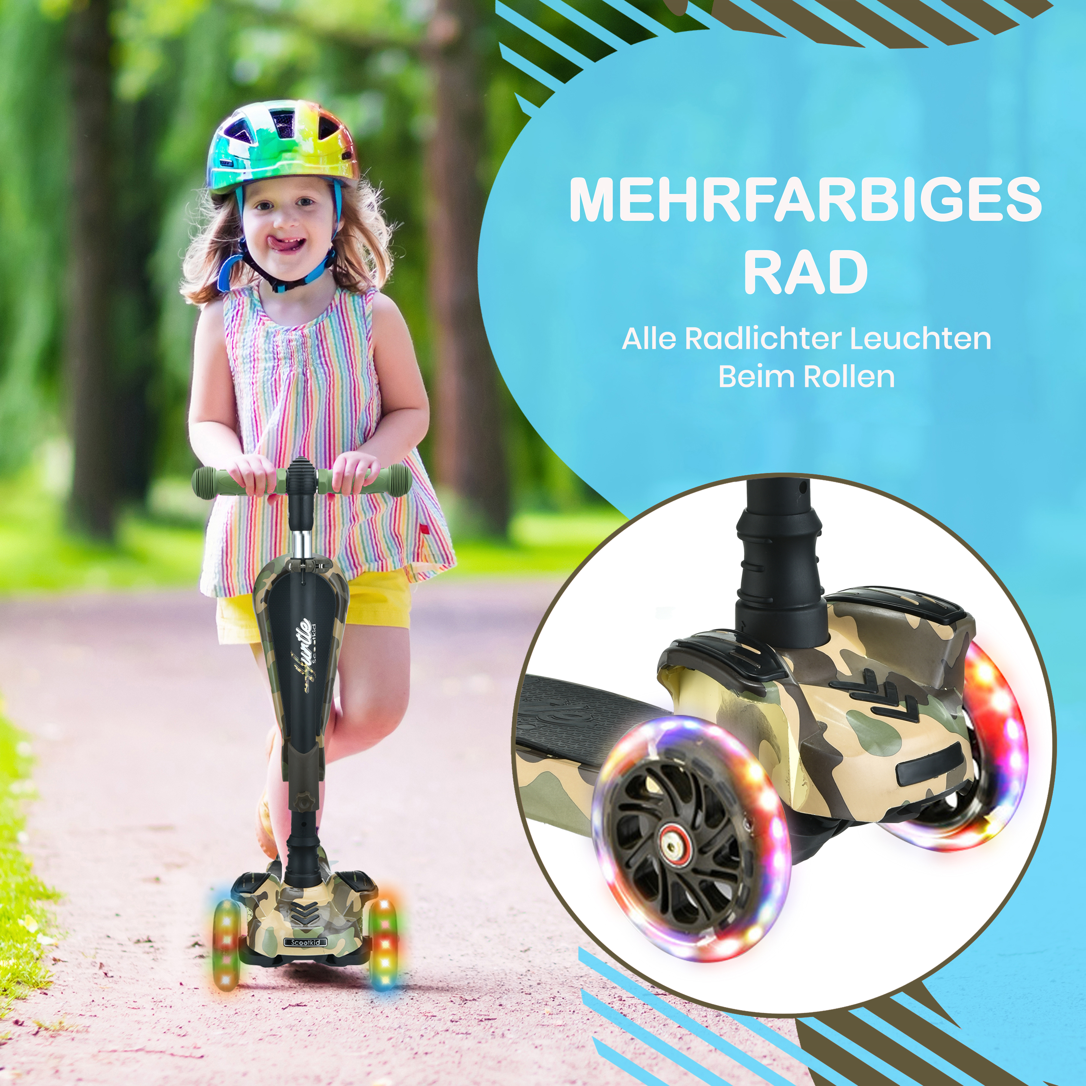 Ein kleines Mädchen mit Helm fährt einen bunten Roller mit leuchtenden Rädern.