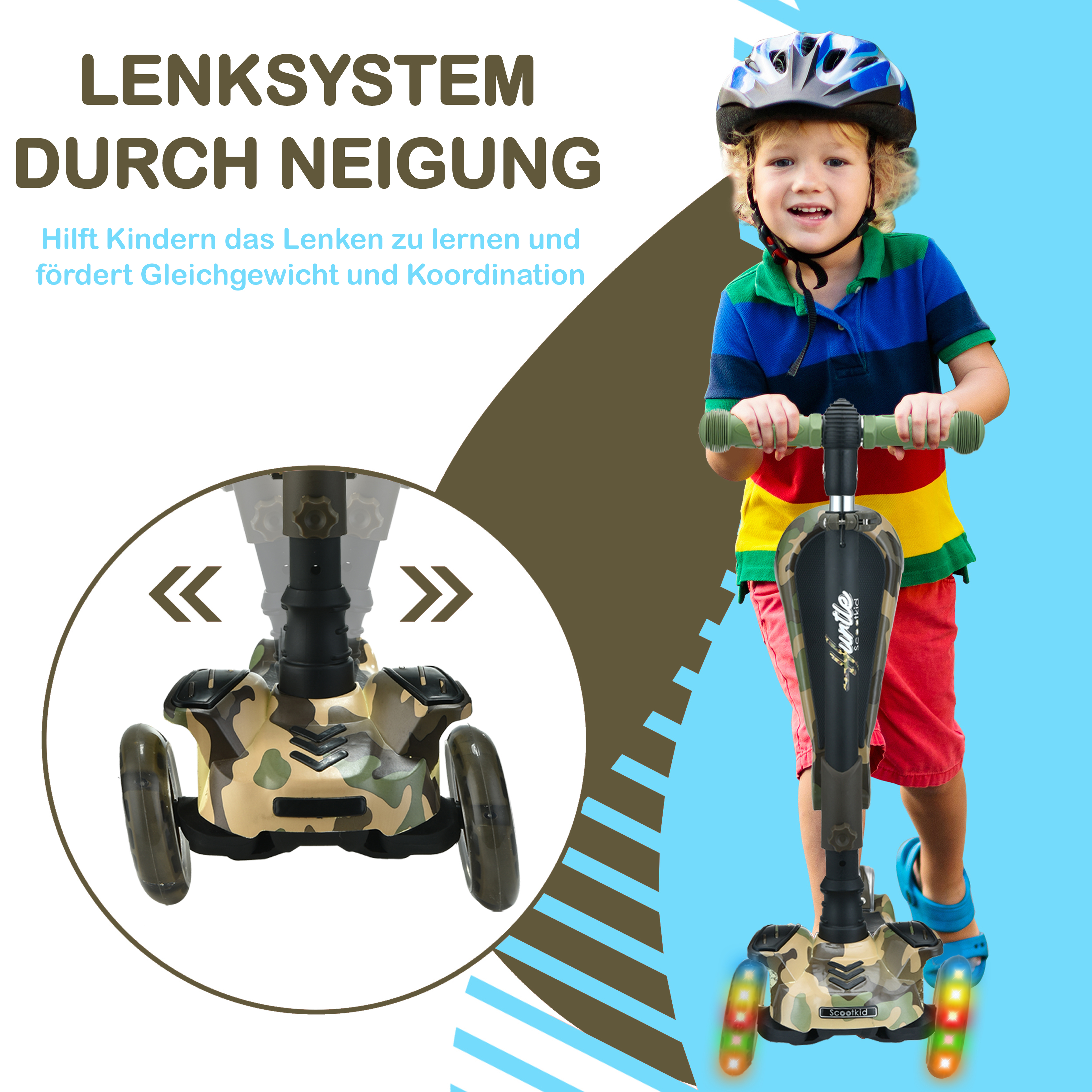 Ein Junge auf einem bunten Roller mit leuchtenden Rädern. Nahaufnahme des Rollers.