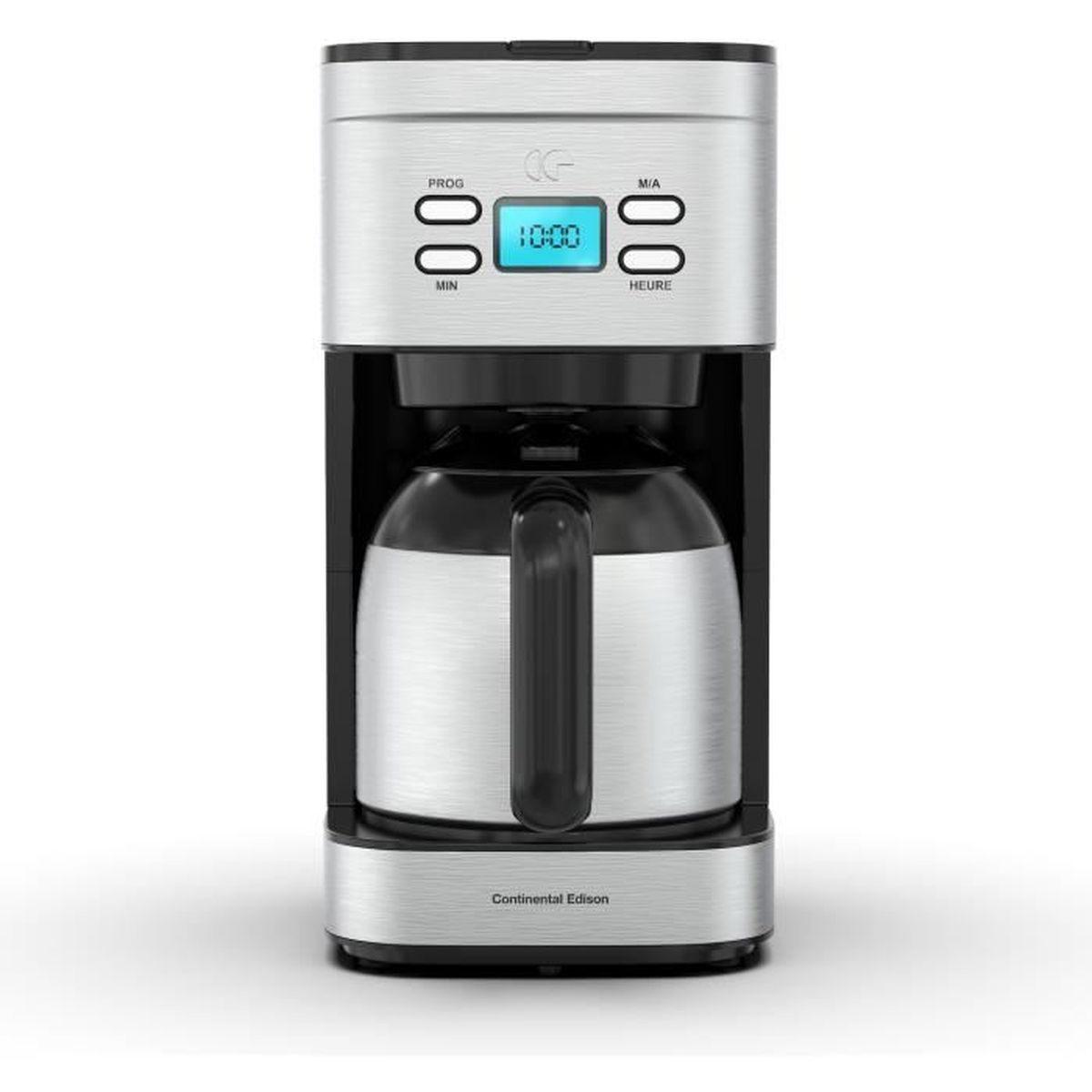 Eine silberne Kaffeemaschine mit schwarzem Griff und digitaler Uhr auf dem Bedienfeld.