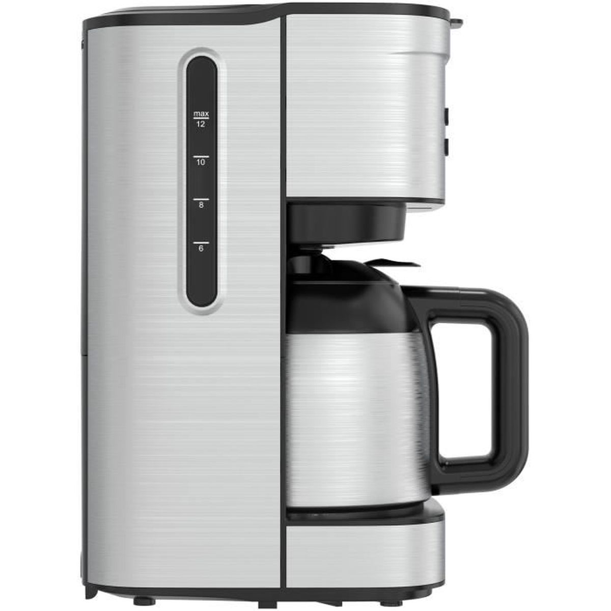 Silberne Kaffeemaschine mit schwarzem Thermosbehälter und Wasserstandsanzeige.