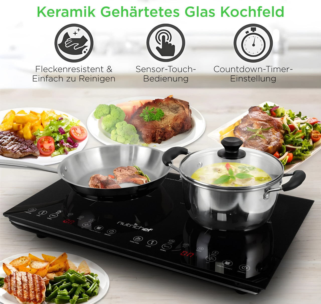 Induktionskochfeld mit Essen: Steak, Pommes, Salat, Brokkoli, Suppe.
