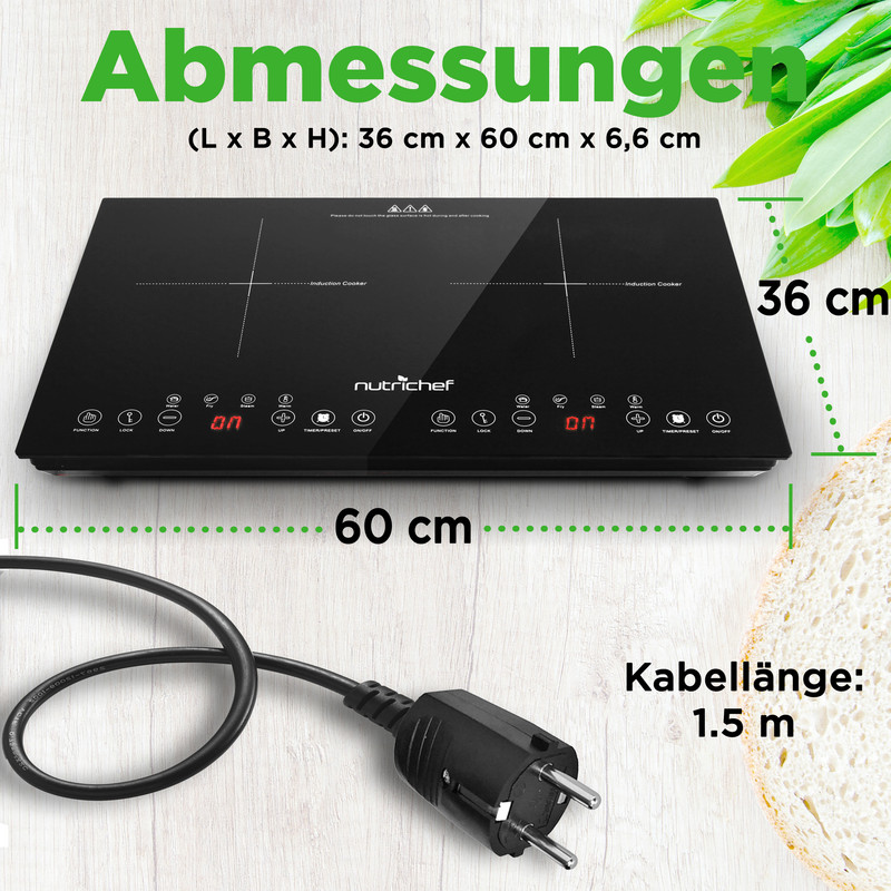 Schwarzer Induktionskochfeld mit Bedienelementen und Kabel.
