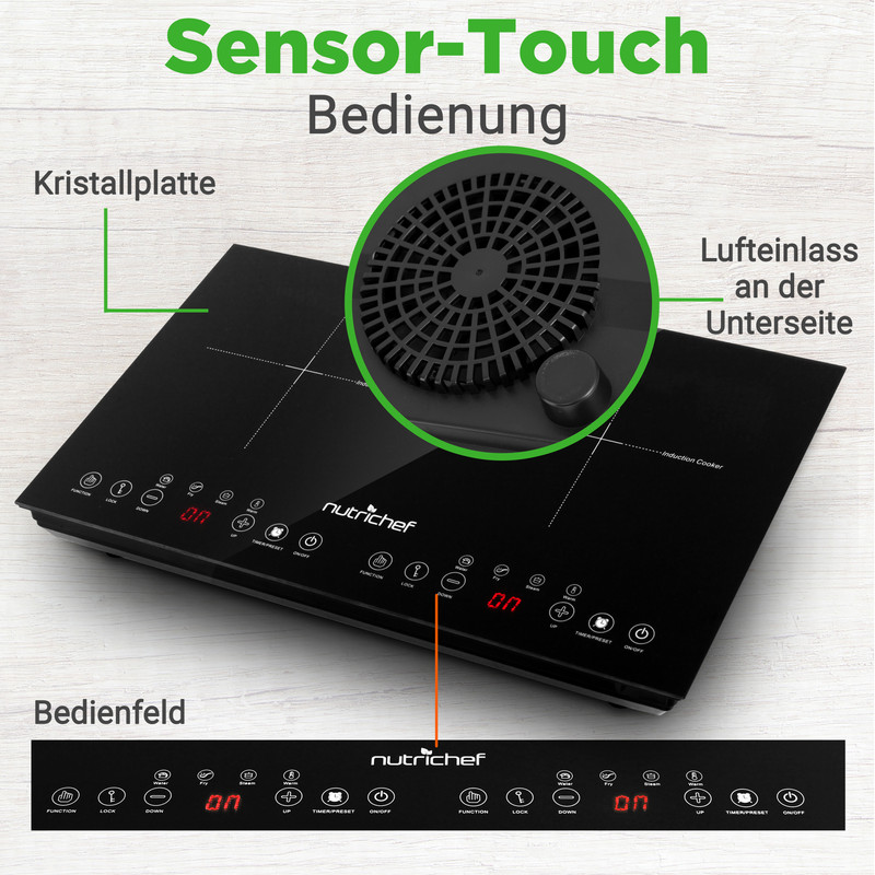 Ein schwarzer Induktionskochfeld mit Touch-Bedienfeld und Lüftungsgitter.
