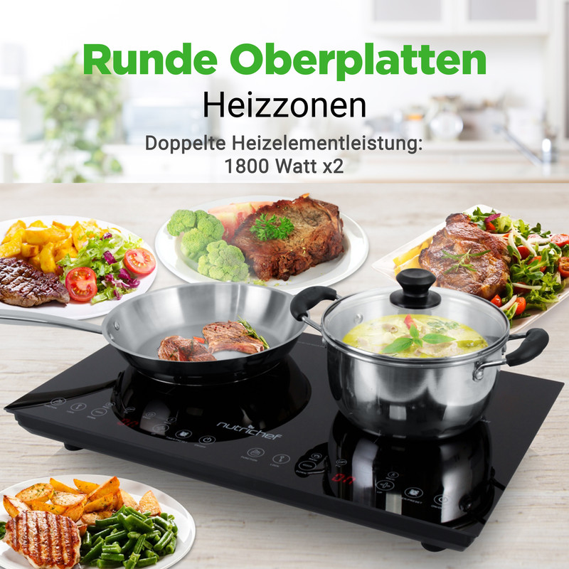 Ein Kochfeld mit zwei Kochzonen, auf dem ein Topf und eine Pfanne mit Essen stehen.