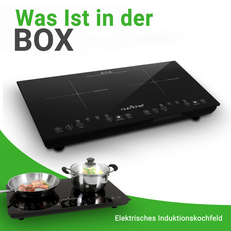 Ein schwarzes Induktionskochfeld mit zwei Kochzonen und Töpfen.