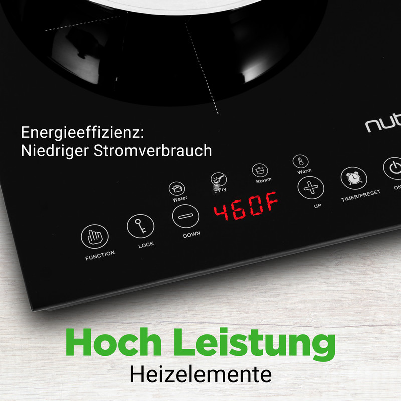 Schwarze Kochplatte mit digitalen Bedienelementen und roter Temperaturanzeige 460F.
