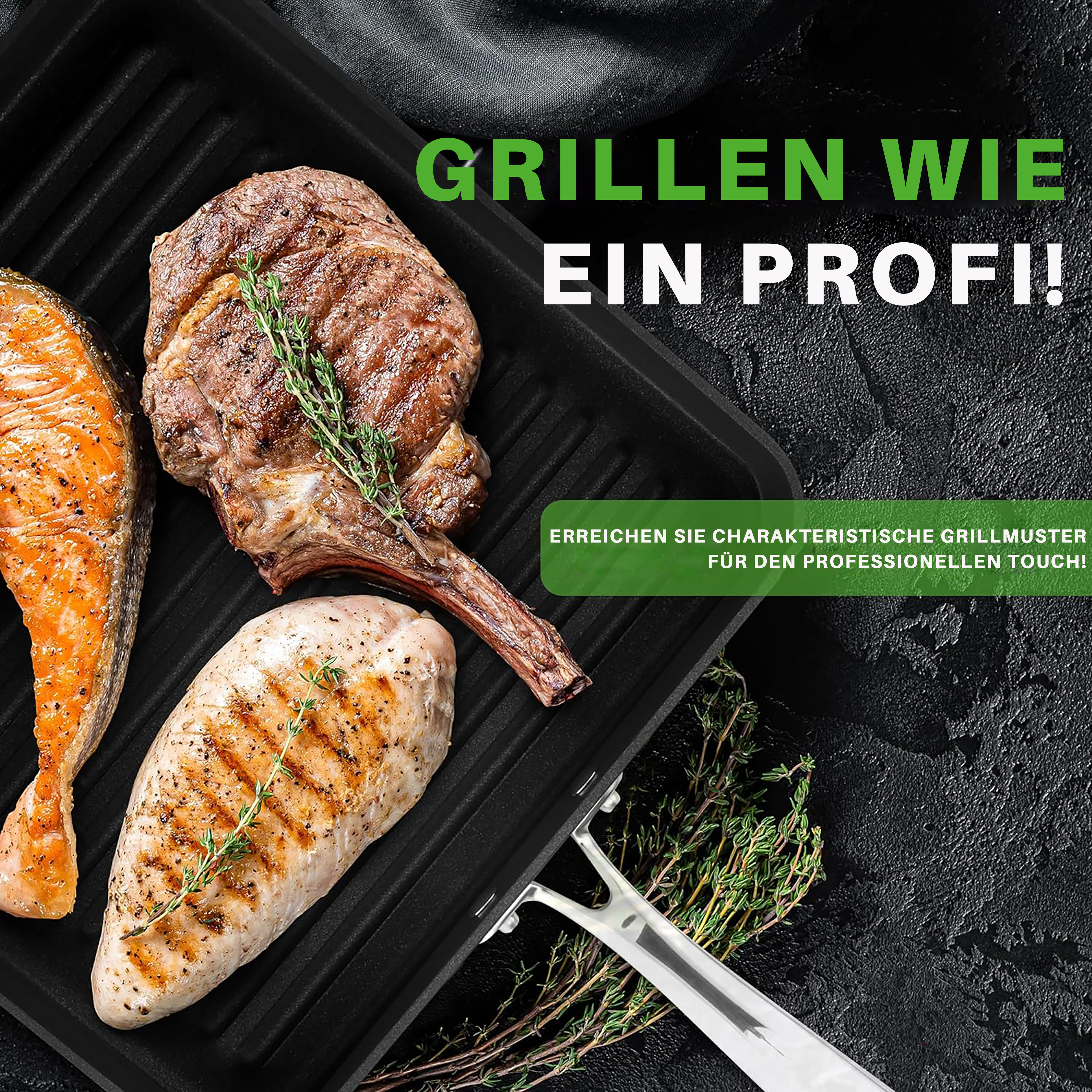 Grillplatte mit Lachs, Steak und Hähnchenbrust, garniert mit Rosmarin.