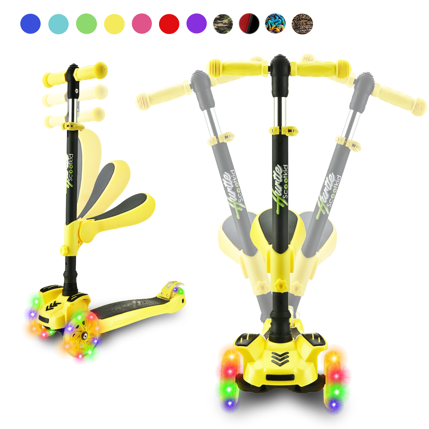 Gelber, verstellbarer Roller mit LED-Rädern. Zeigt verschiedene Konfigurationen.