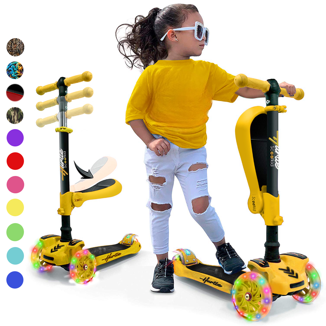 Ein Mädchen in einem gelben T-Shirt und zerrissenen Jeans steht auf einem gelben Roller.