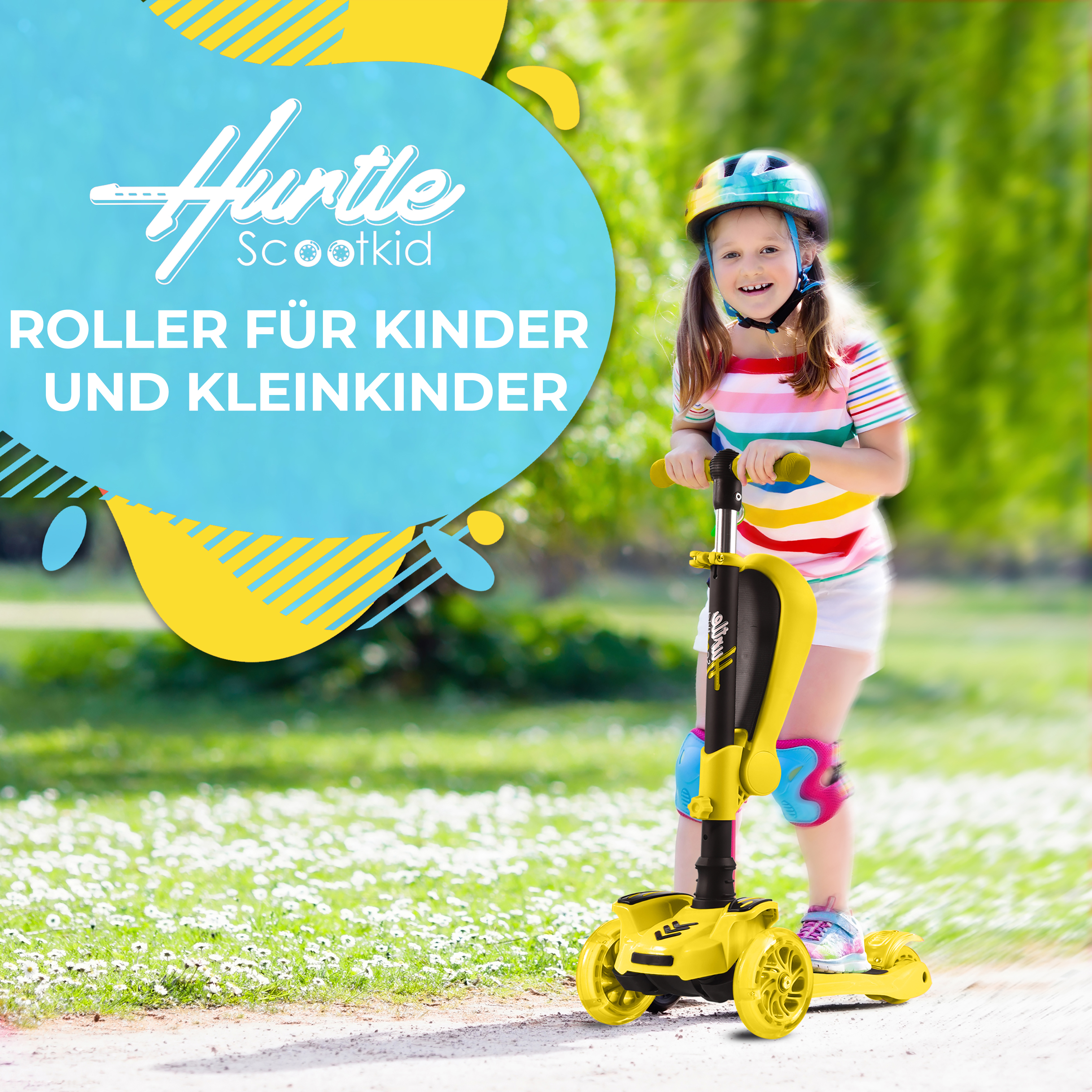 Ein Mädchen mit Helm fährt einen gelben Roller durch eine sonnige Wiese mit Gänseblümchen.