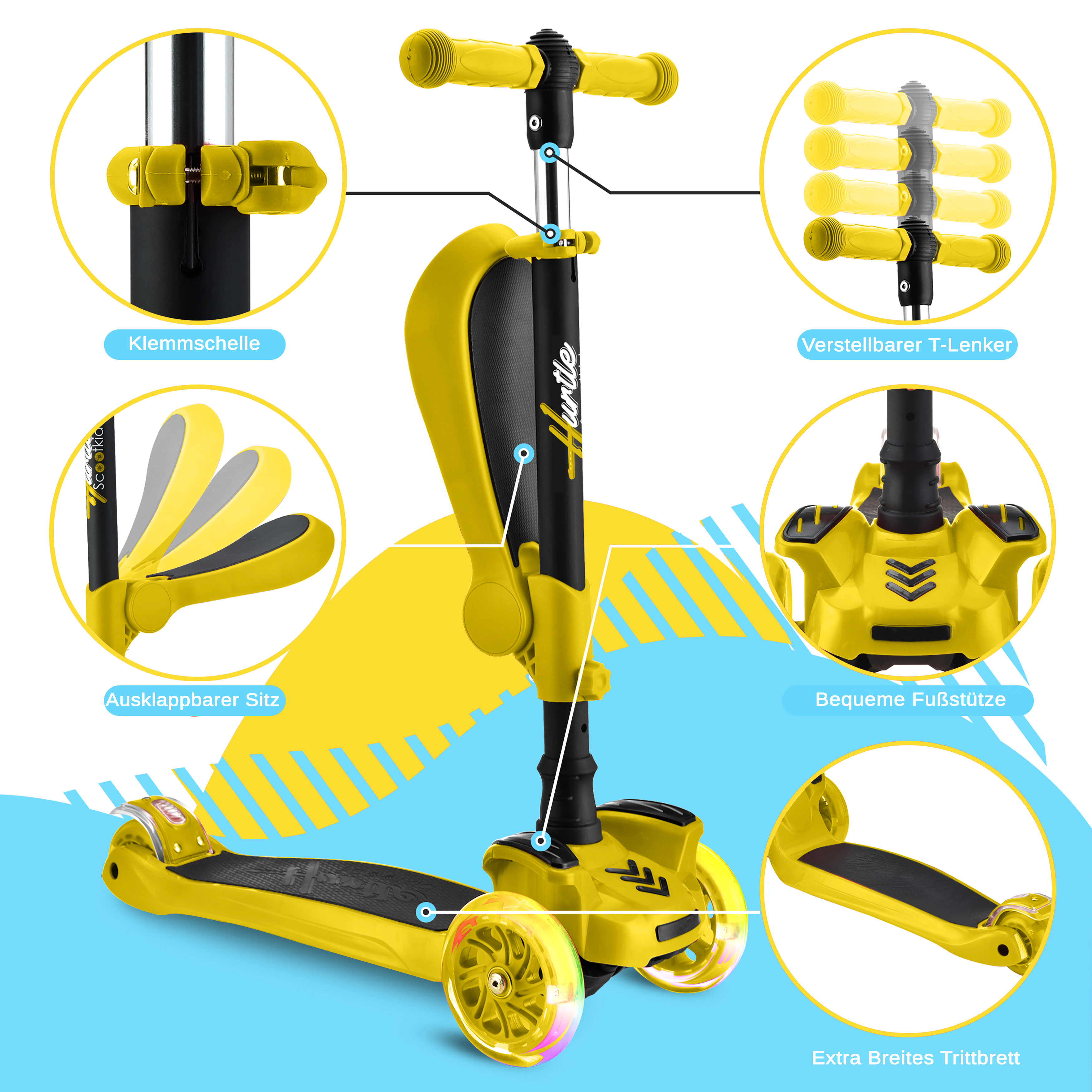 Ein gelber Roller mit drei Rädern und verstellbarem Lenker.