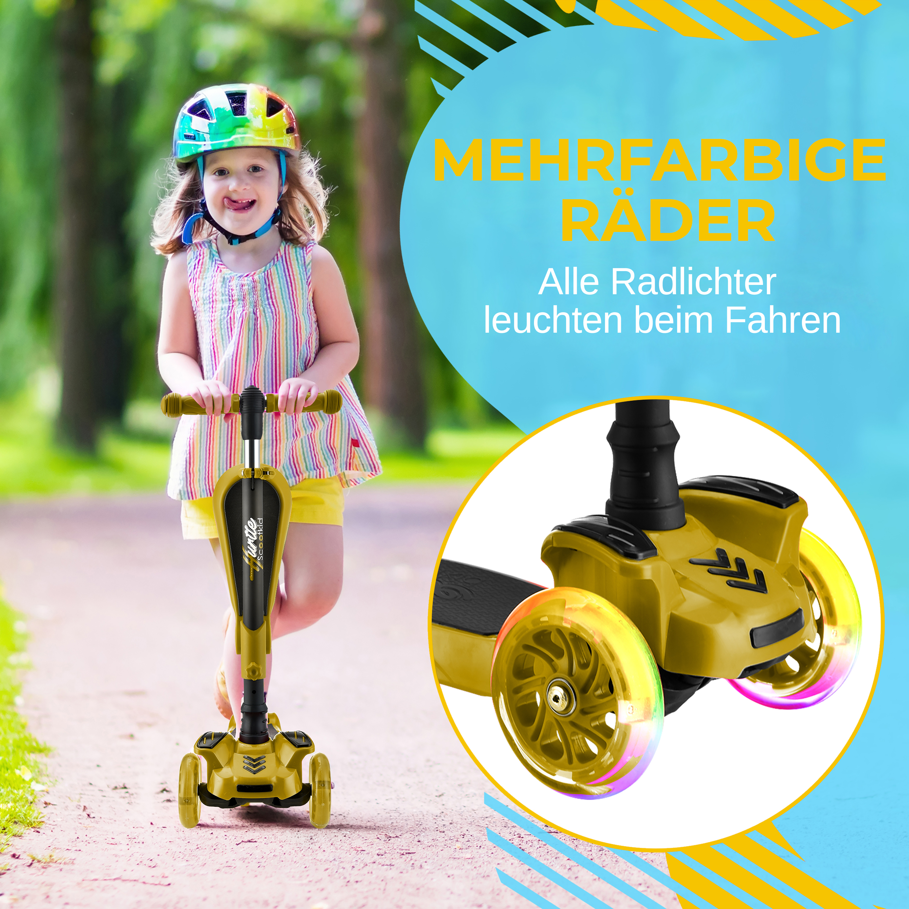 Ein Mädchen mit Helm fährt einen gelben Roller mit leuchtenden Rädern im Freien.