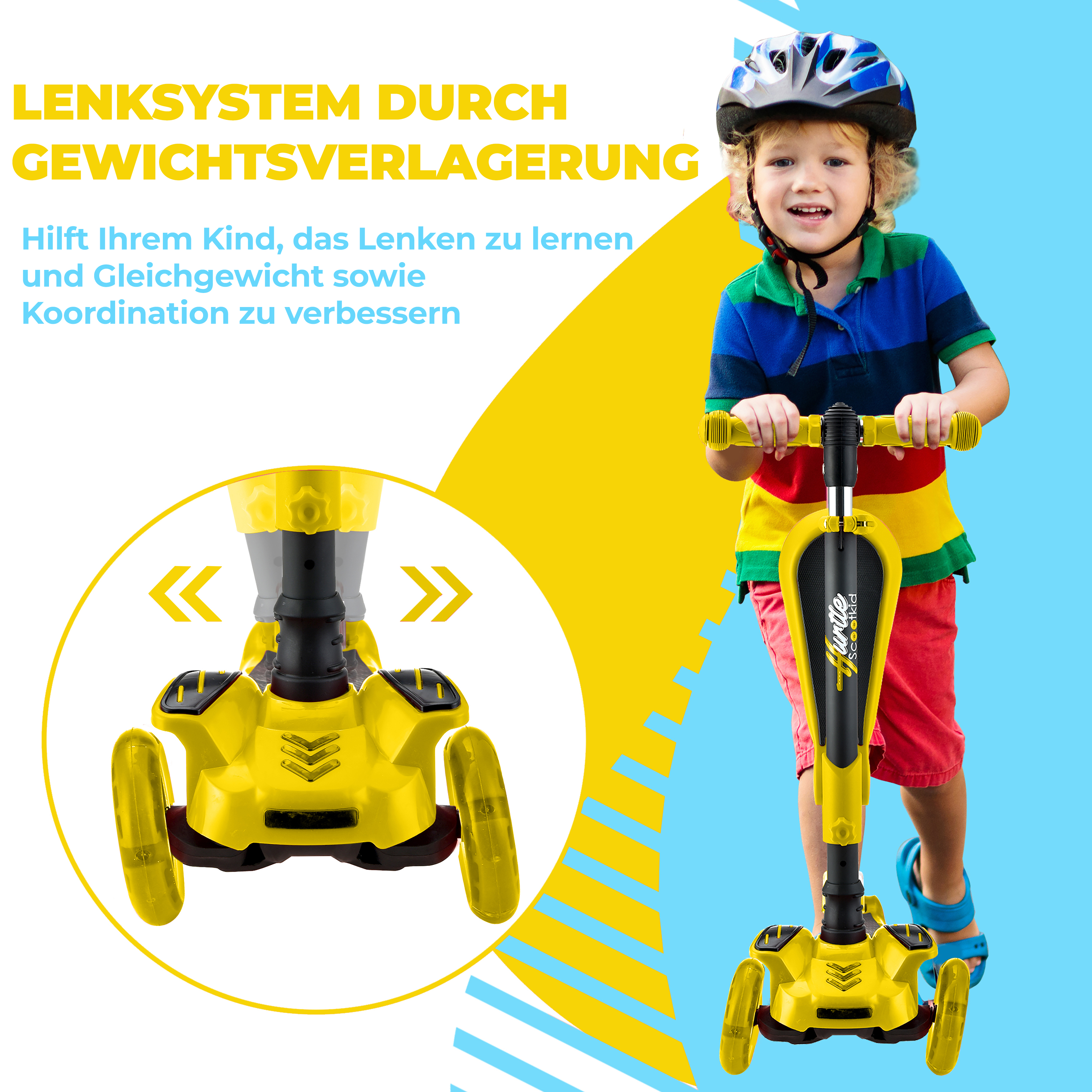 Ein Kind auf einem gelben Roller mit Helm. Texte auf Deutsch.