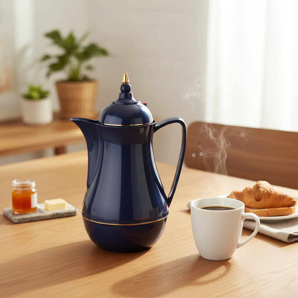 Dunkelblaue Kaffeekanne mit goldenen Akzenten, dampfender Kaffee, Croissant und Marmelade.