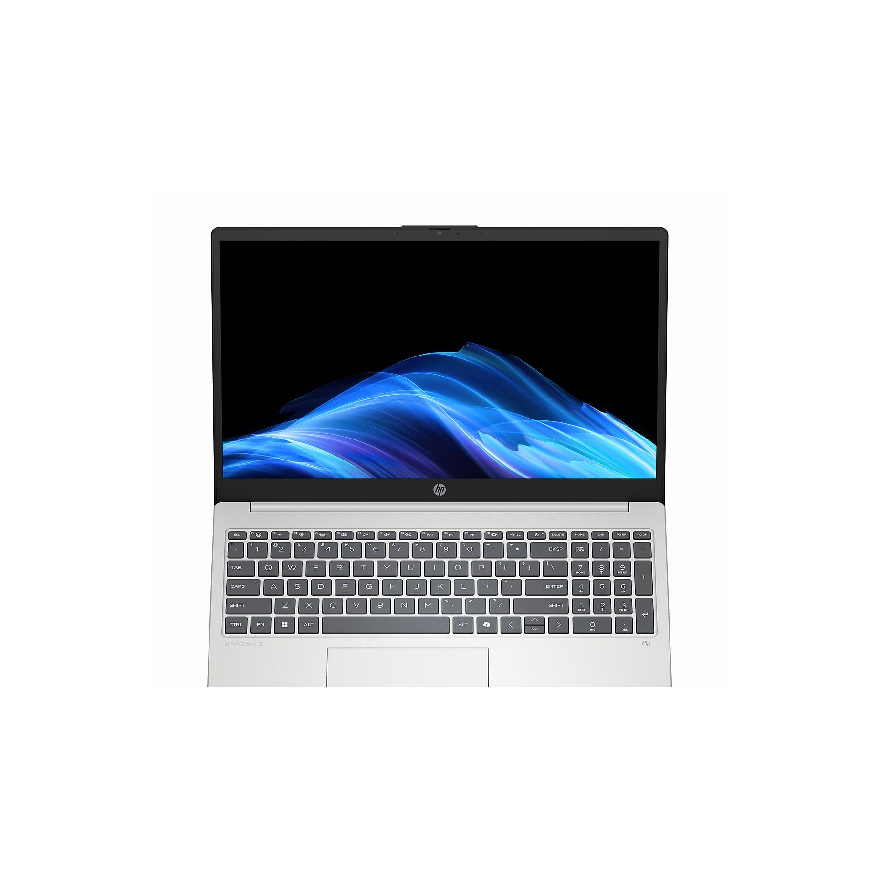 Un laptop HP argentato aperto con uno sfondo blu astratto sullo schermo.
