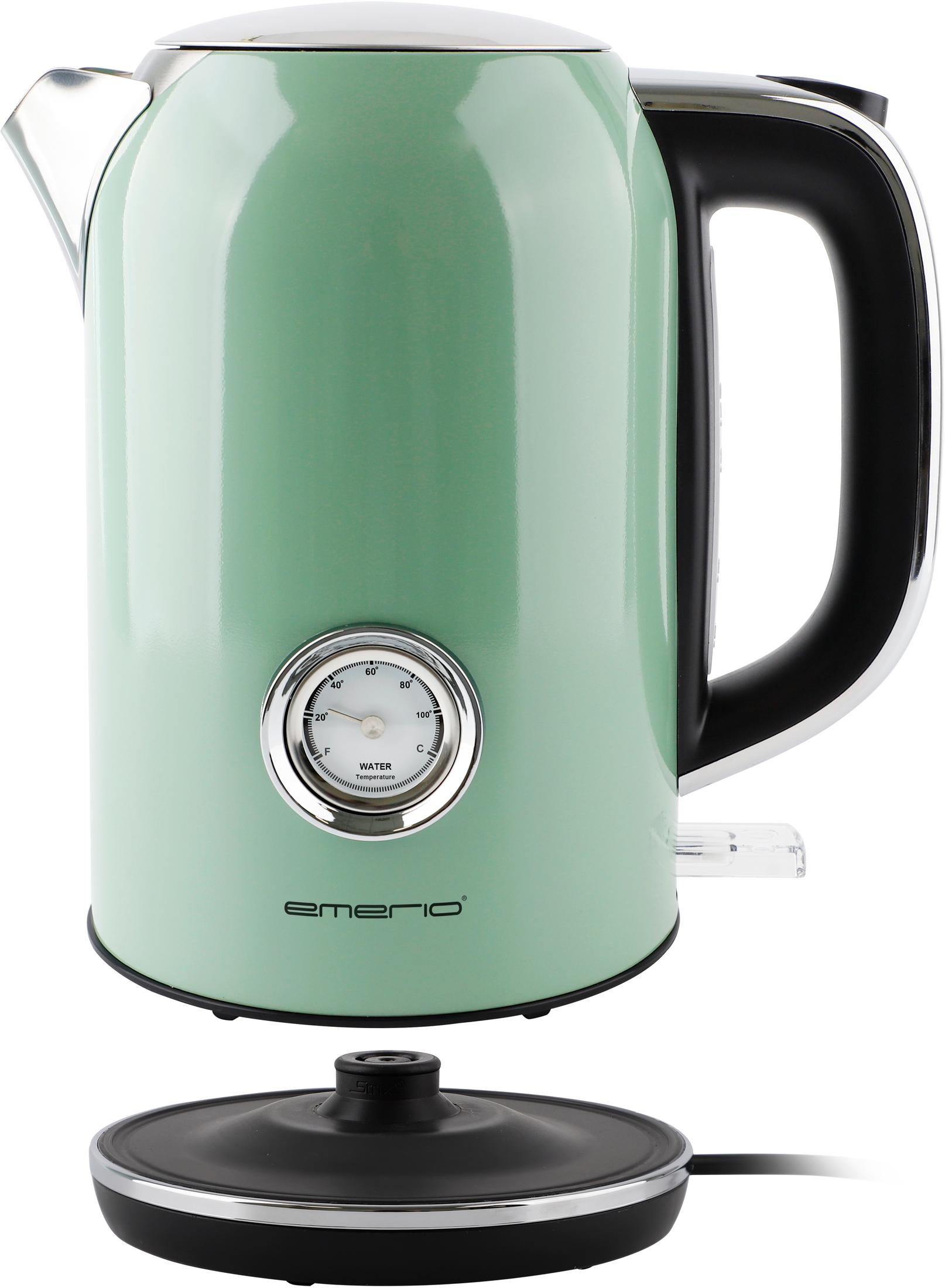 A green kettle with a thermometer and black handle. A base is visible.