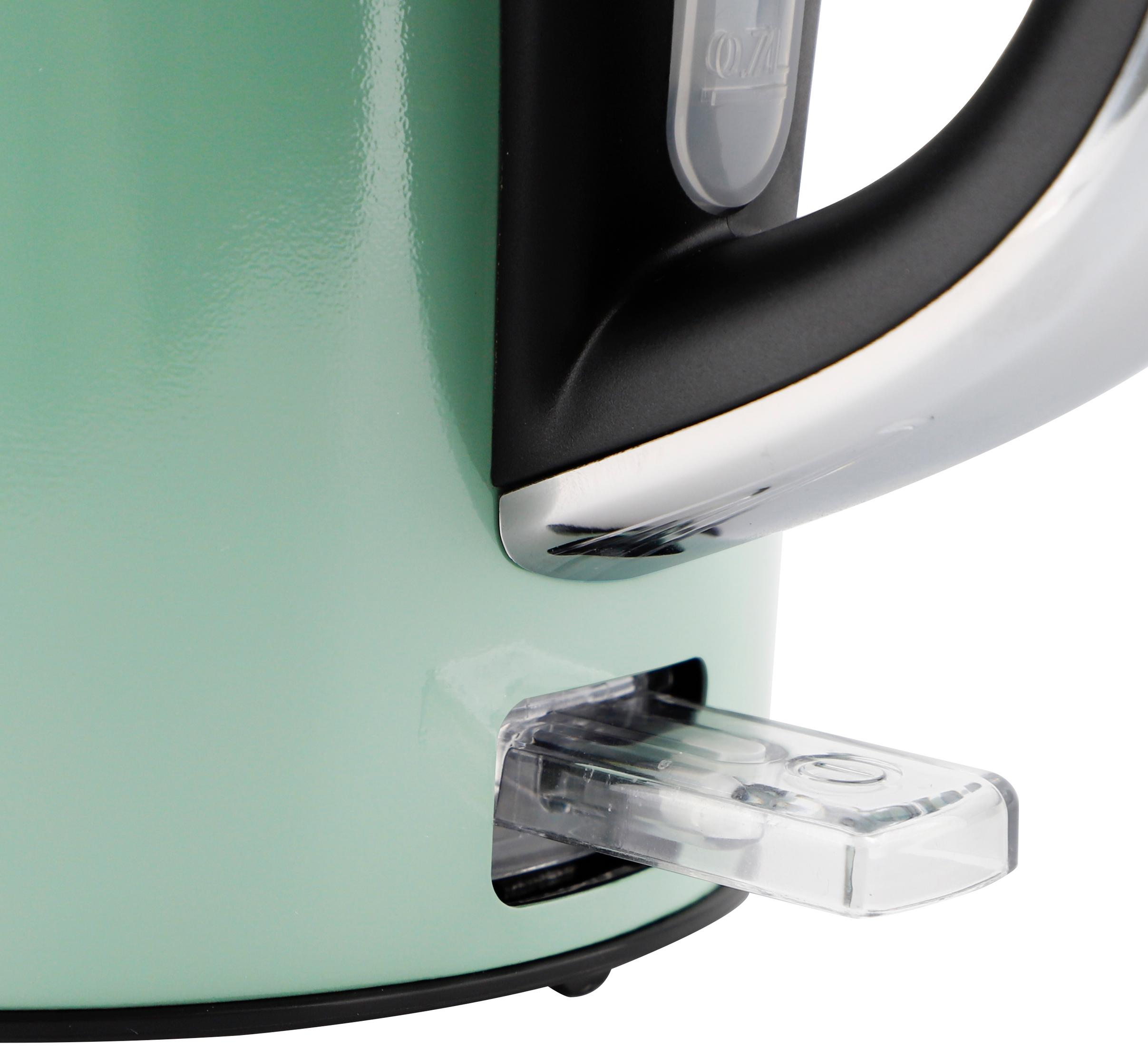 Close-up of a mint green kettle with a black handle and water level indicator.