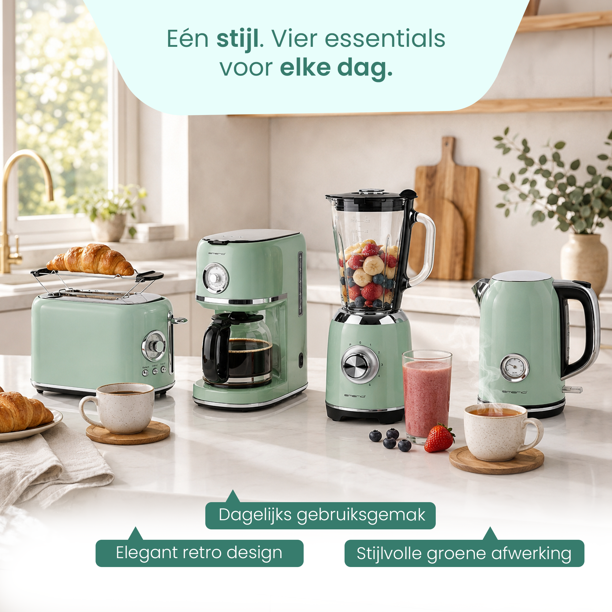 Green kitchen appliances: toaster, coffee maker, blender, kettle.