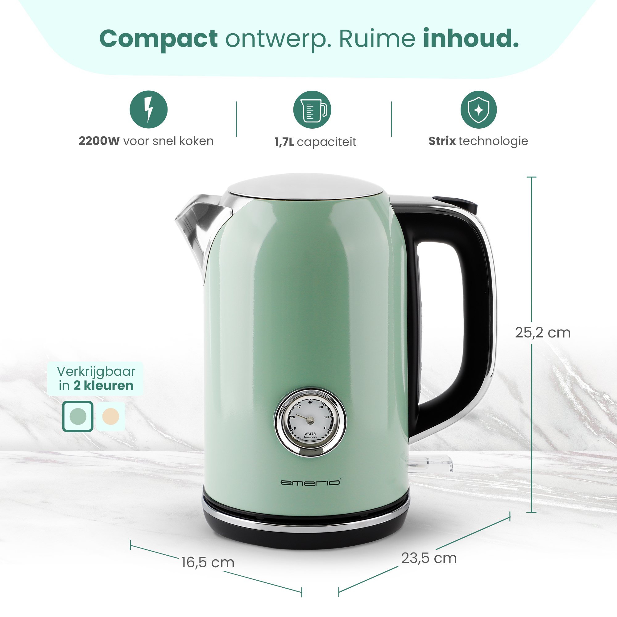 A light green kettle with a thermometer and black handle.