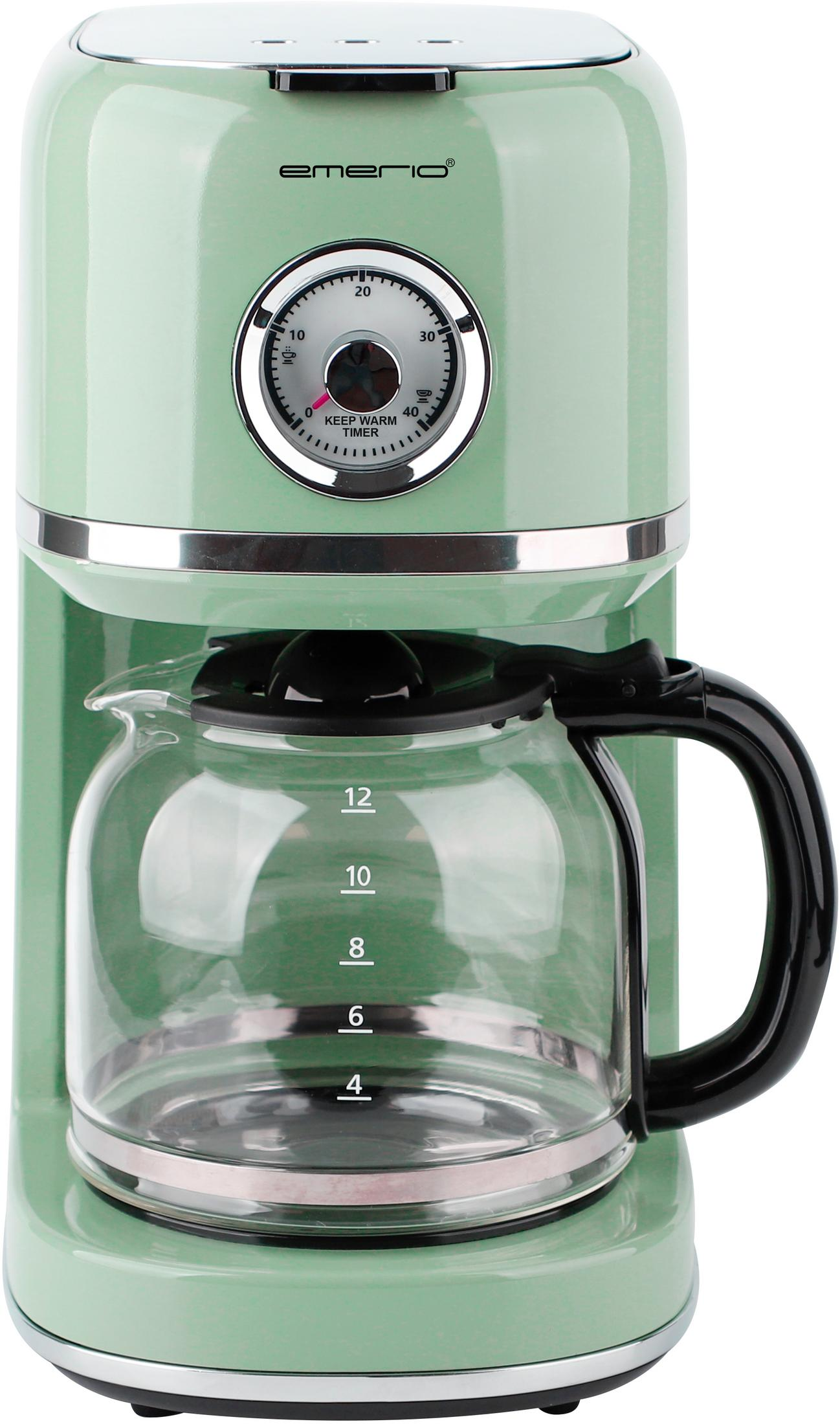 Een groene koffiezetapparaat met glazen kan en timer.