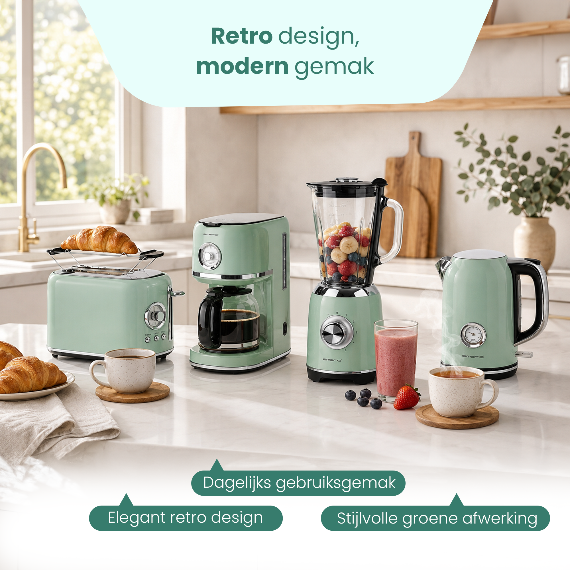 Groene keukenapparaten: broodrooster, koffiezetapparaat, blender, waterkoker, croissants, koffie.