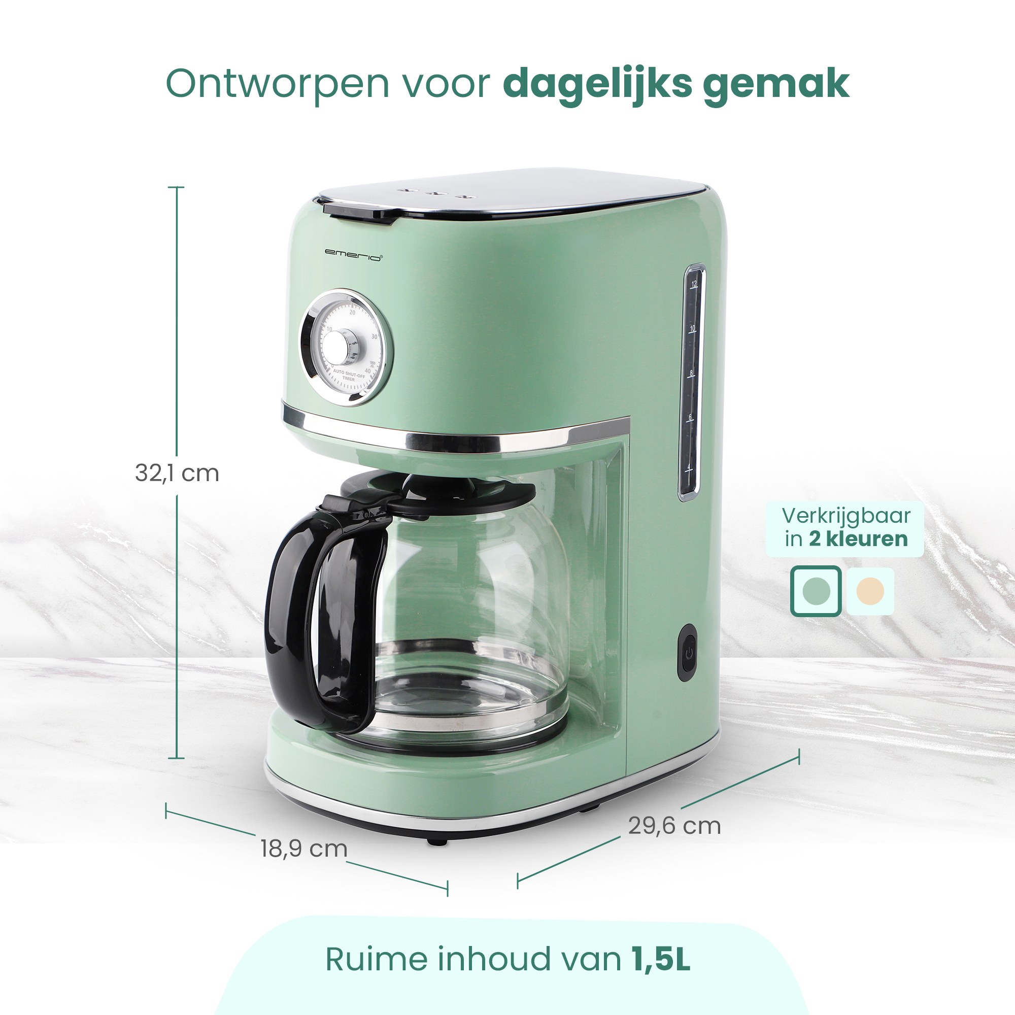 Een lichtgroene koffiezetapparaat met glazen kan en timer. Afmetingen worden weergegeven.