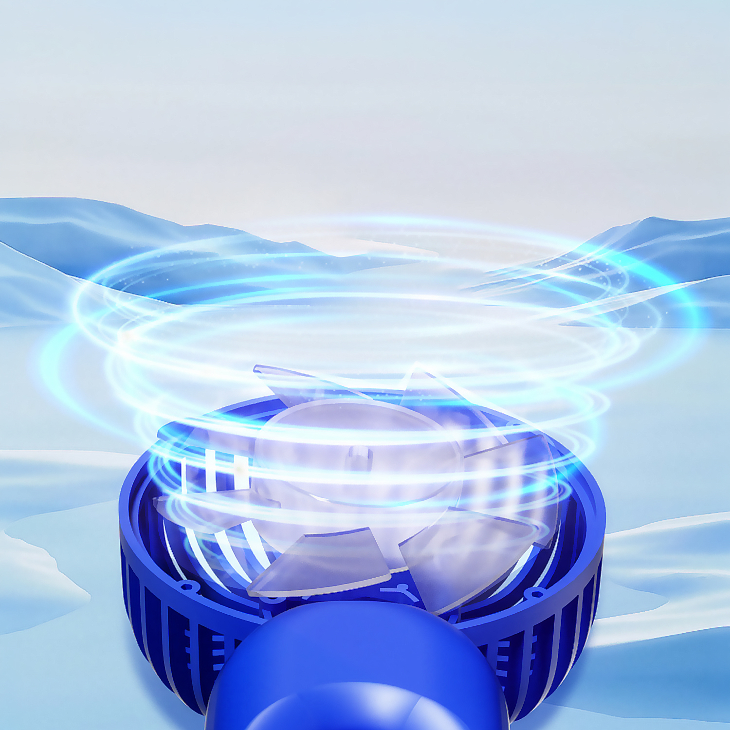 Un ventilador azul con aspas translúcidas está activo, creando remolinos de luz azul sobre un fondo azul suave.