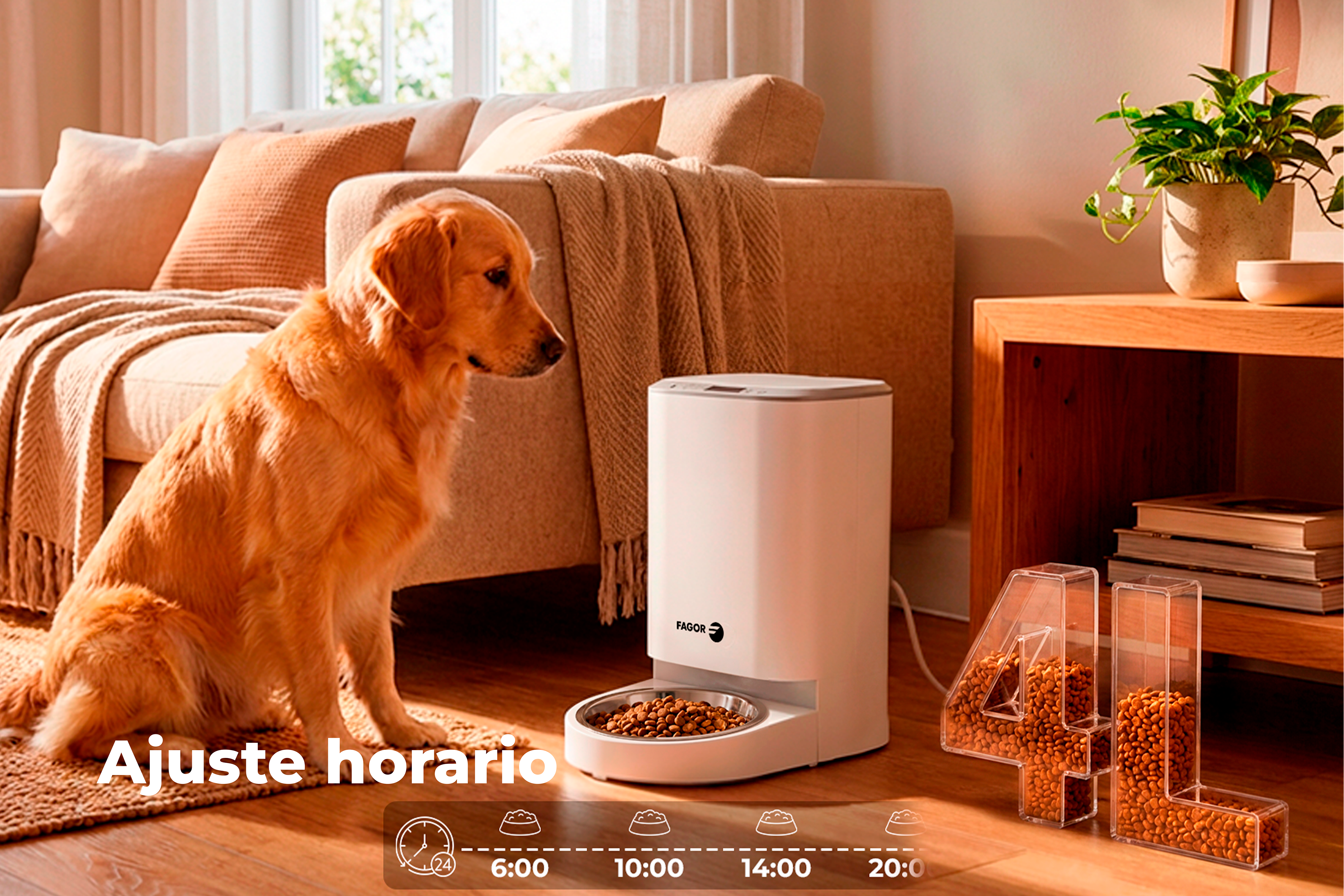 Un Golden Retriever sentado junto a un dispensador automático de comida en una sala.